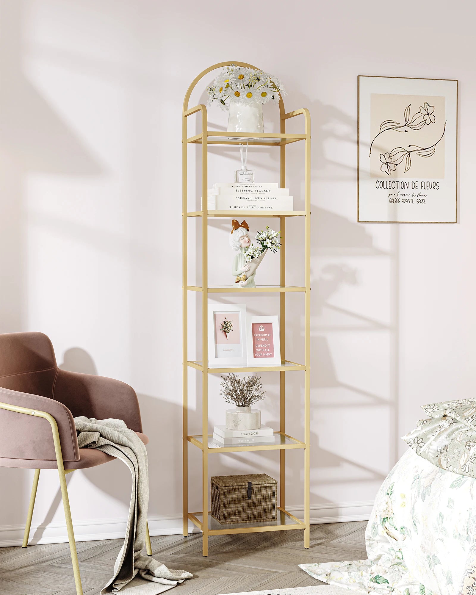 Smalle Boekenkast met Gehard Glas en Gouden Frame – 6-Laags Ladder Kast voor Woonkamer, Slaapkamer & Badkamer