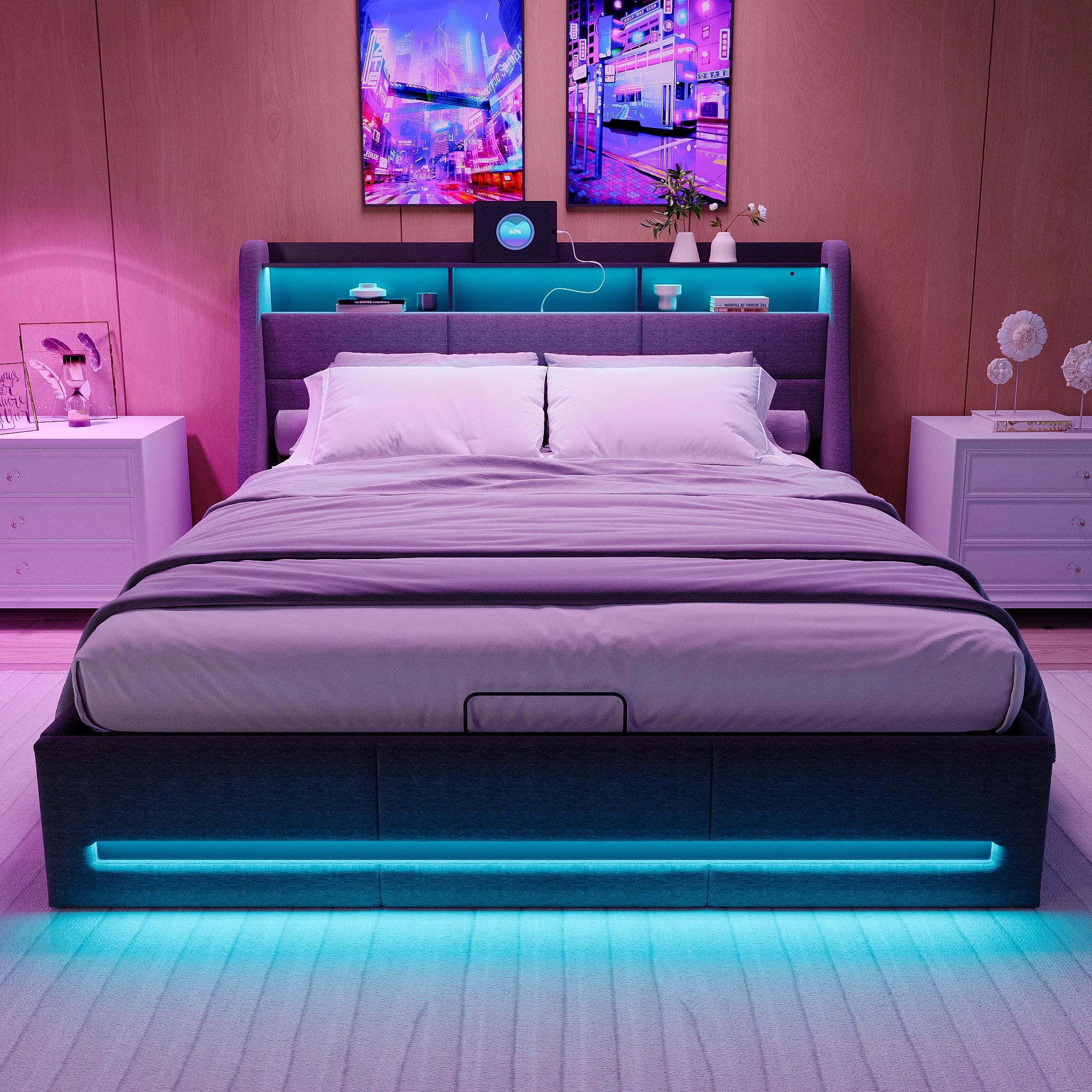 Gestoffeerd tweepersoonsbed 140/160x200 cm met LED‑hoofdeinde, USB‑oplaadfunctie en hydraulische opbergruimte