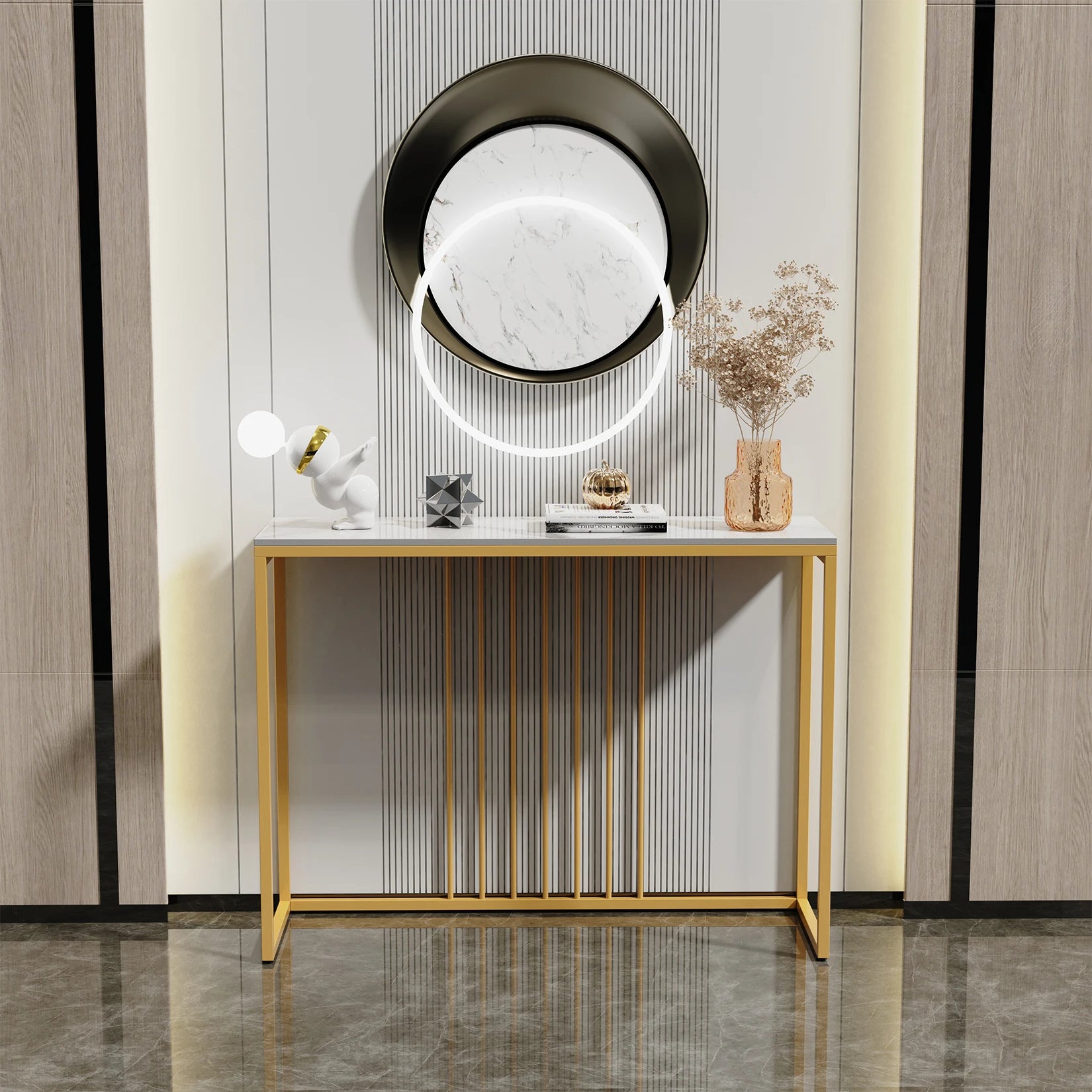 Moderne Marmeren Sidetable met Goud Frame – Smalle Console Tafel voor Hal, Entree en Woonkamer