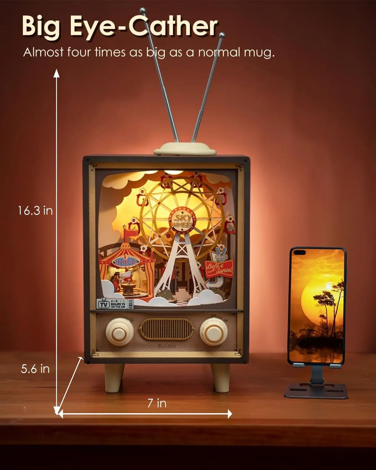 3D Houten Muziekdoos Reuzenrad met Licht – Sunset Carnival Nachtlampje en Decoratie – USB Oplaadbaar voor Woonkamer en Slaapkamer