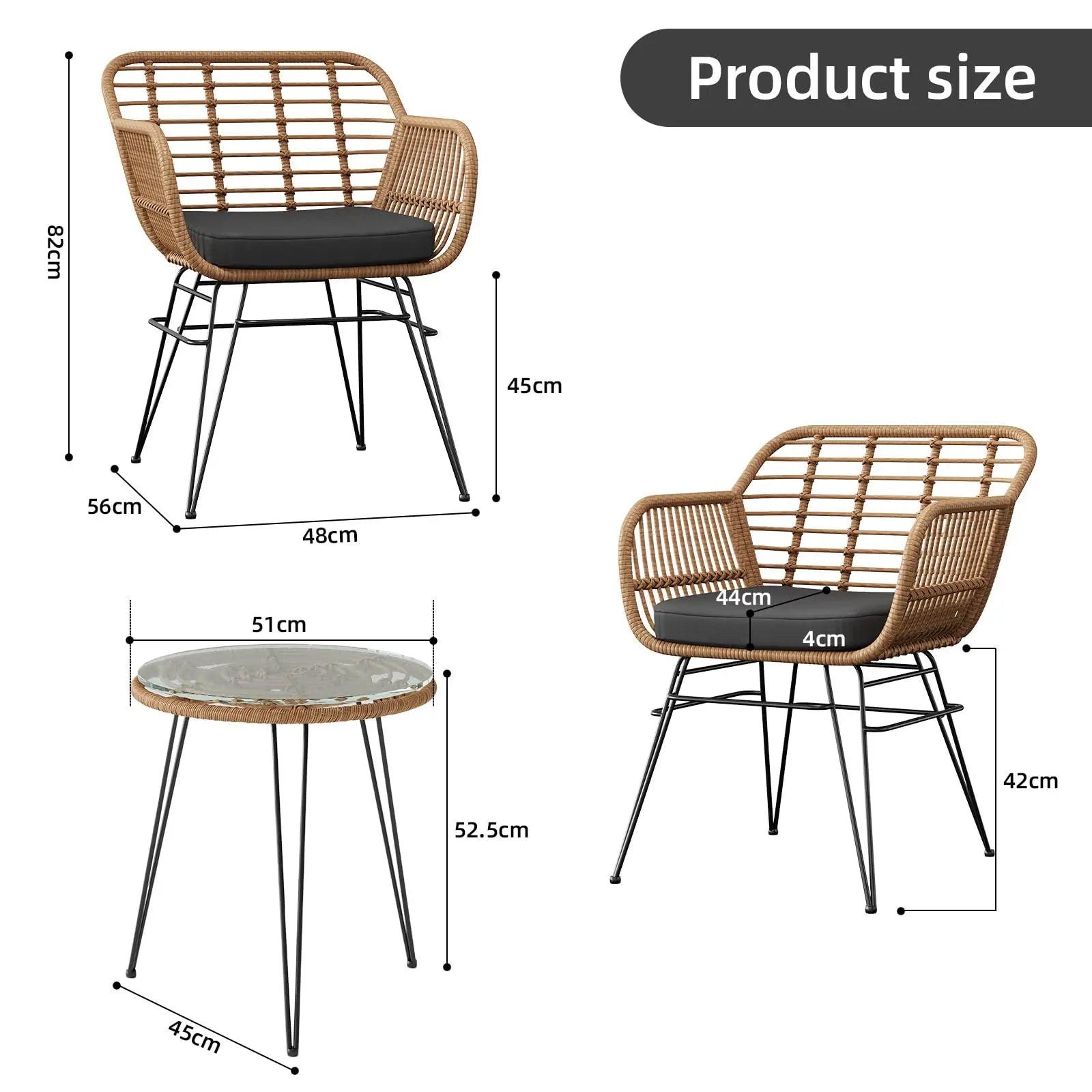 3-Delige Rotan Bistroset met Kussens – 2 Tuinstoelen & Glazen Bijzettafel – Balkonset voor Tuin, Terras & Balkon