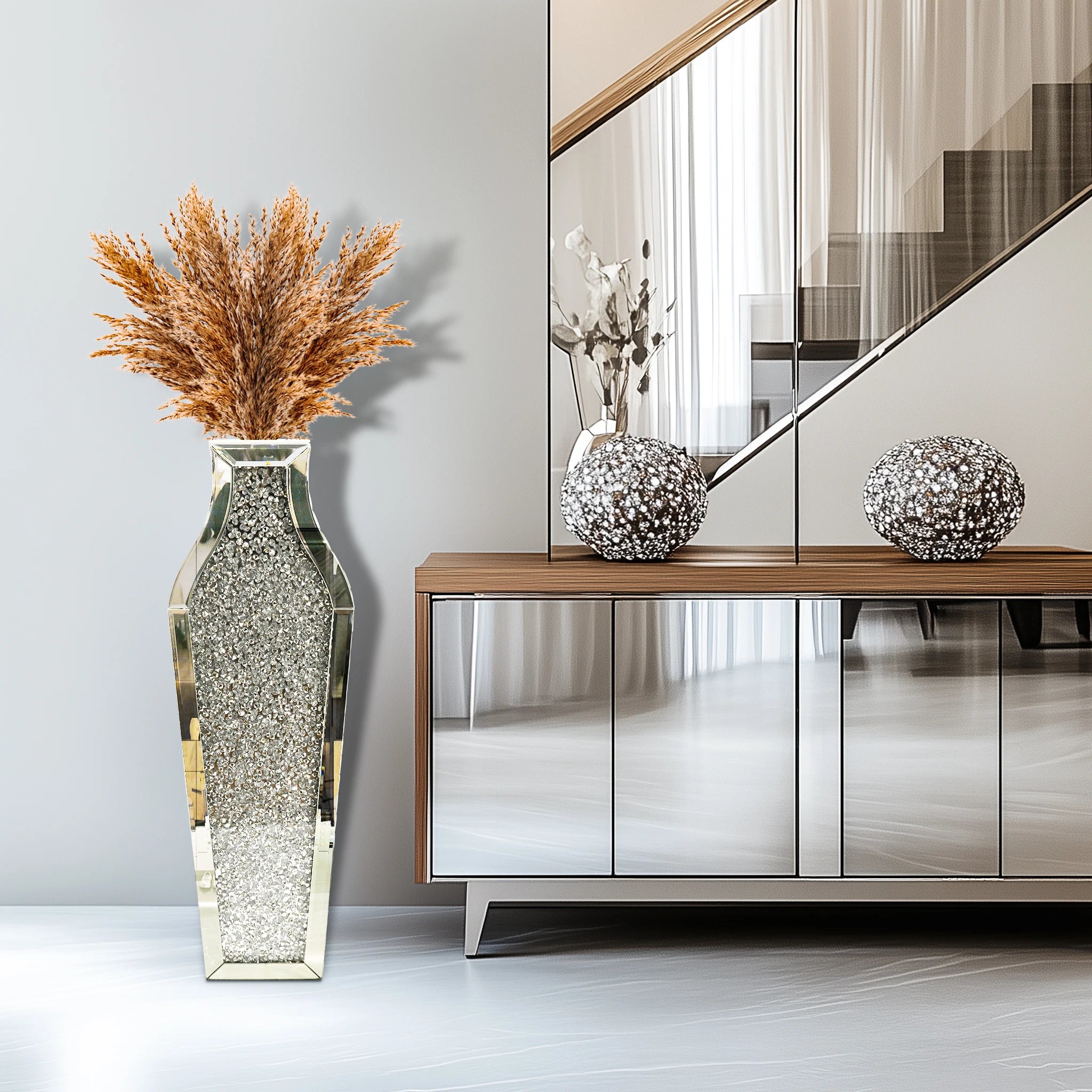Hoge Spiegelende Bloemvaas 68,5 cm – Luxe Diamant Design Vloervaas Zilver voor Woonkamer en Interieur