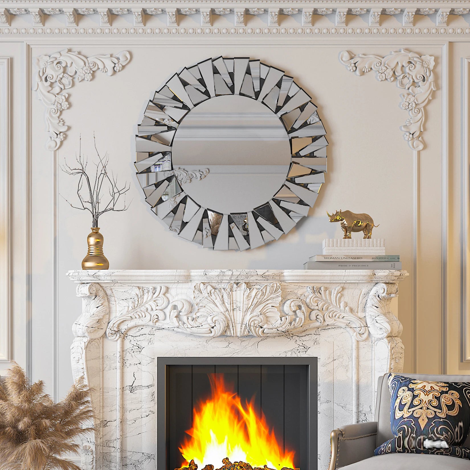 Ronde Zonnestraal Wandspiegel 80 cm – Moderne Zilveren Design Spiegel voor Woonkamer, Hal en Slaapkamer