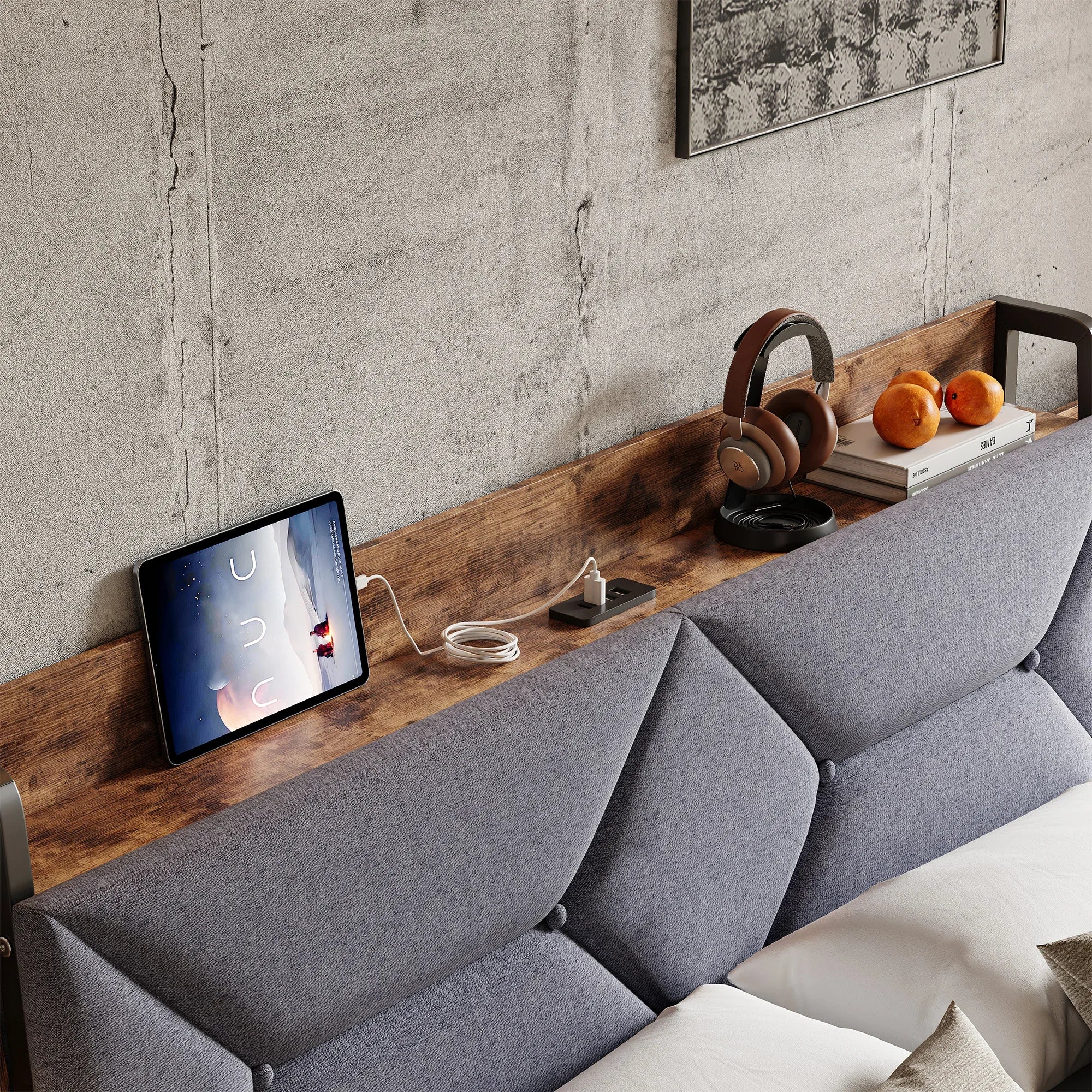 Gestoffeerd tweepersoonsbed met LED‑verlichting, USB‑oplaadfunctie en 4 lades – ideaal voor moderne slaapkamers