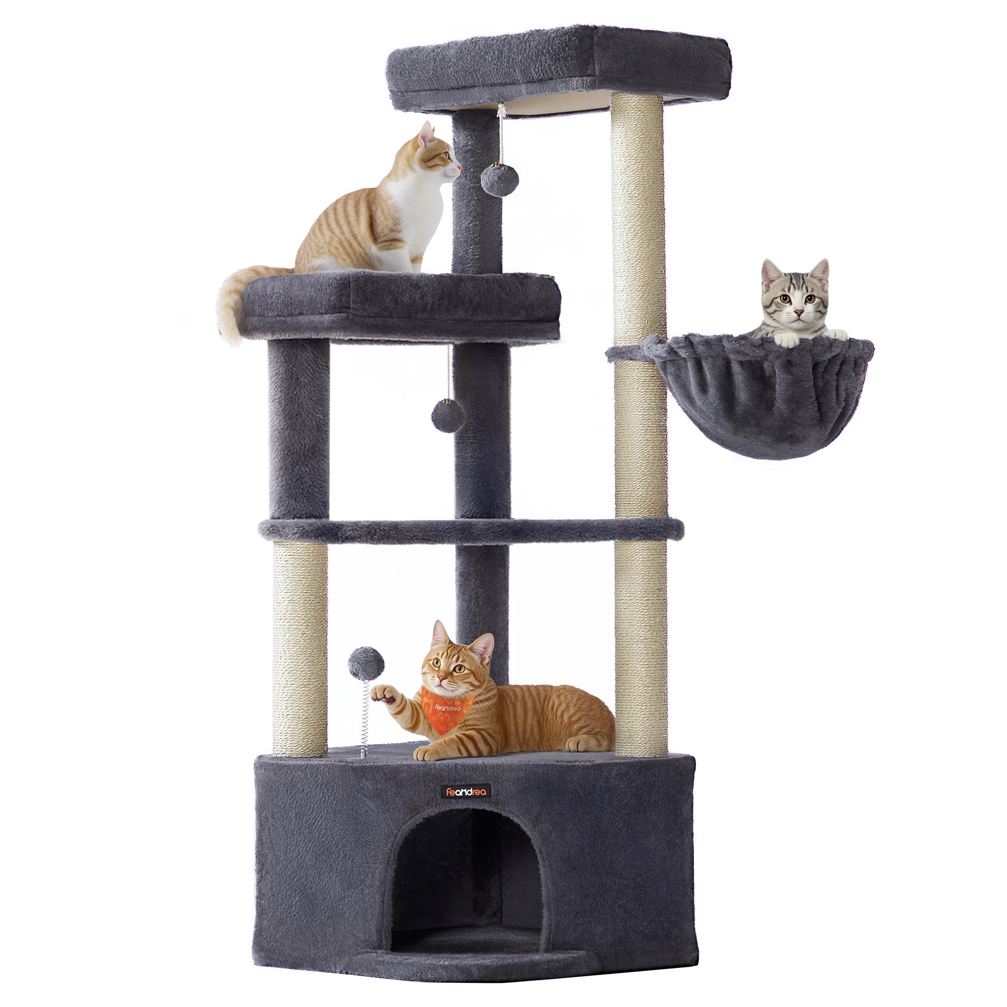 Krabpaal Hoekmodel 140 cm – Grote Kattenboom met Huisje, Mand & Platforms – Stabiele Krabtoren voor Grote Katten