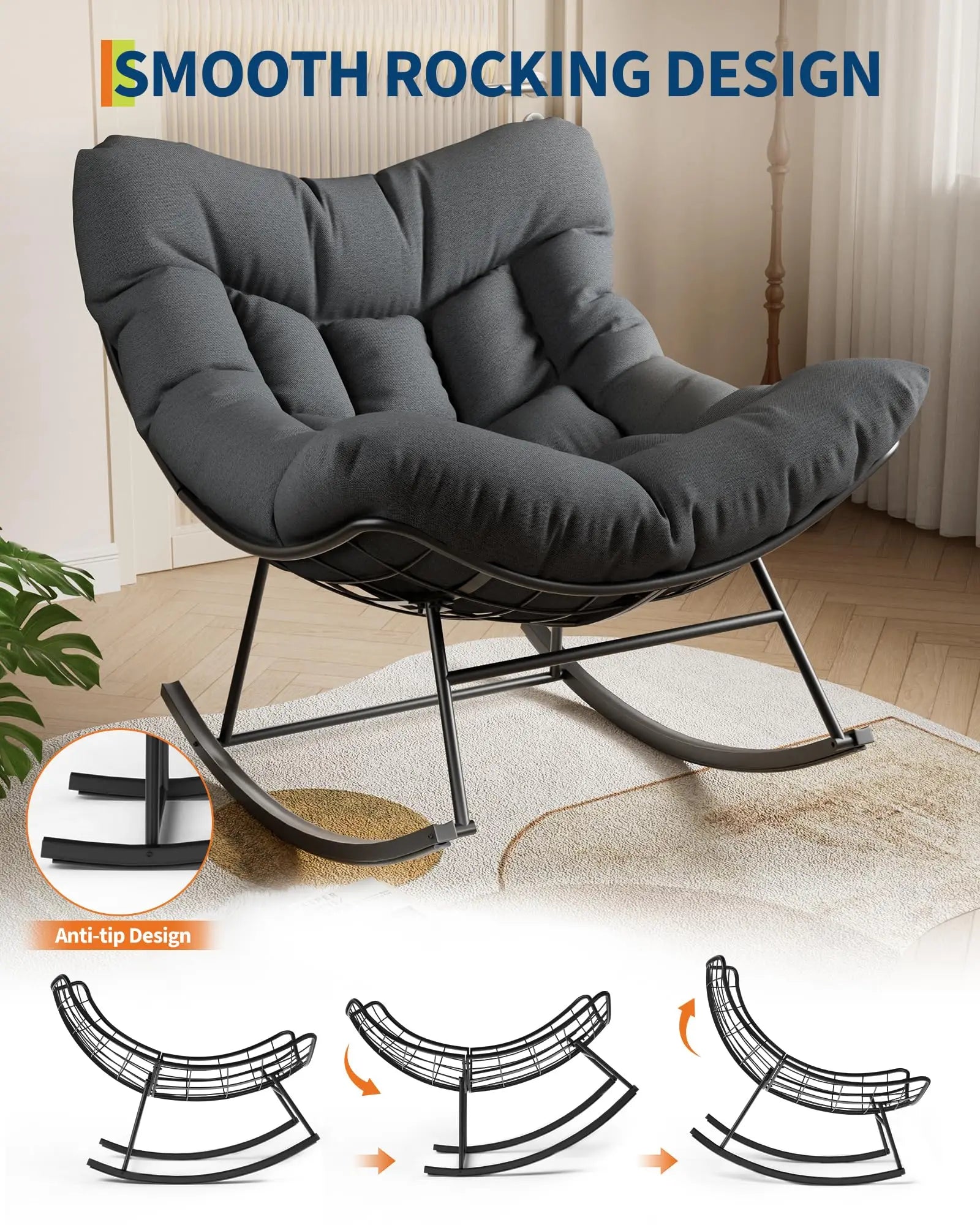 Papasan Schommelstoel voor Buiten met Kussen – Grote Rotan Loungestoel met Metalen Frame voor Tuin, Balkon & Veranda