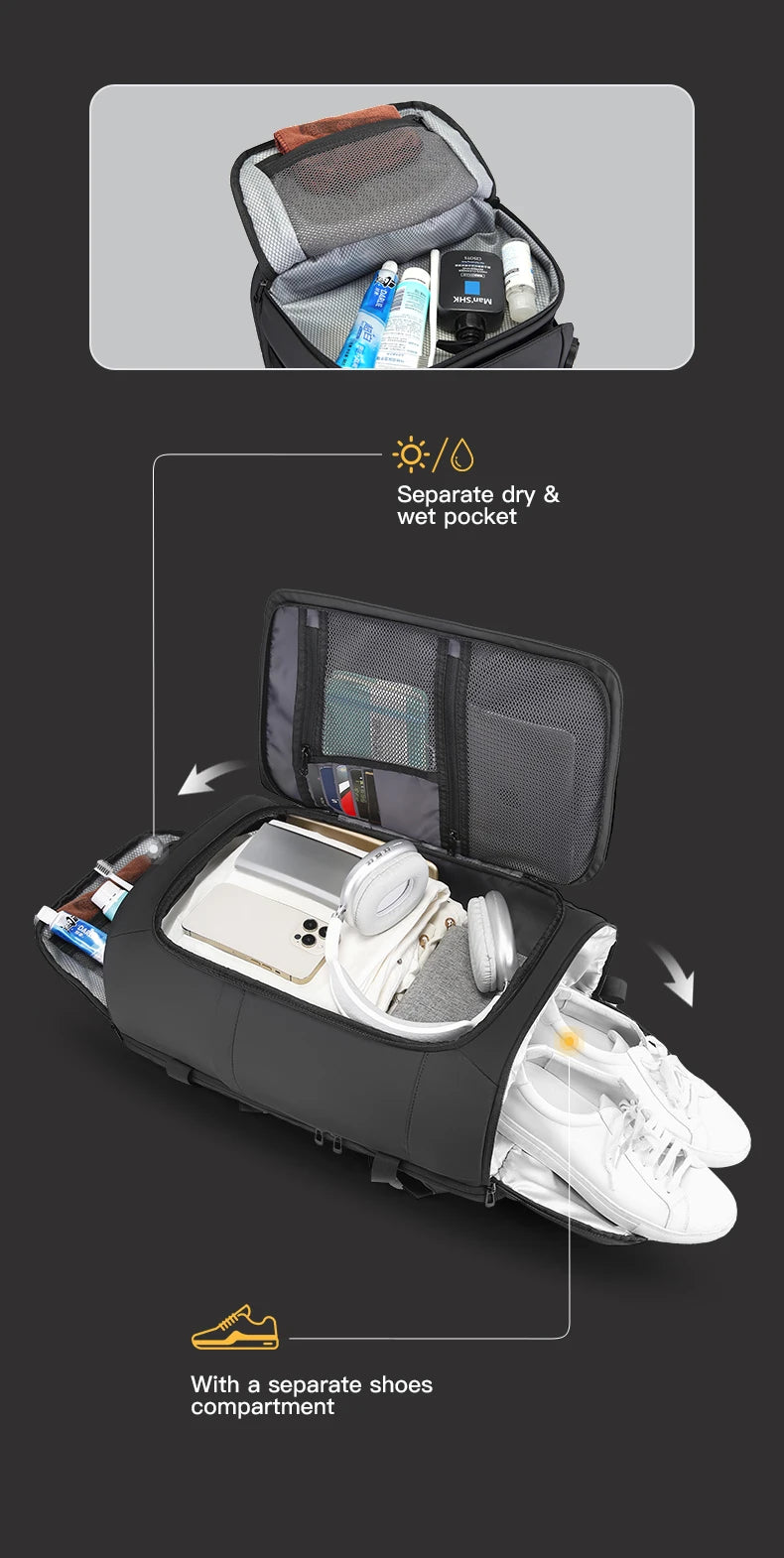 Grote Waterbestendige Rugzak – 36‑55L Voor Sport, Reis, Work & Outdoor Met Schoenvak & Laptopvak