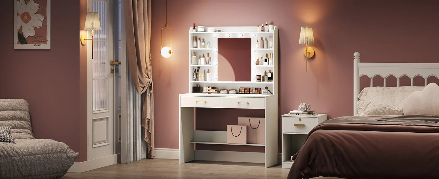 Moderne Witte Kaptafel met Spiegel, Planken en 2 Lades – Kaptafel voor Slaapkamer met Instelbare Verlichting