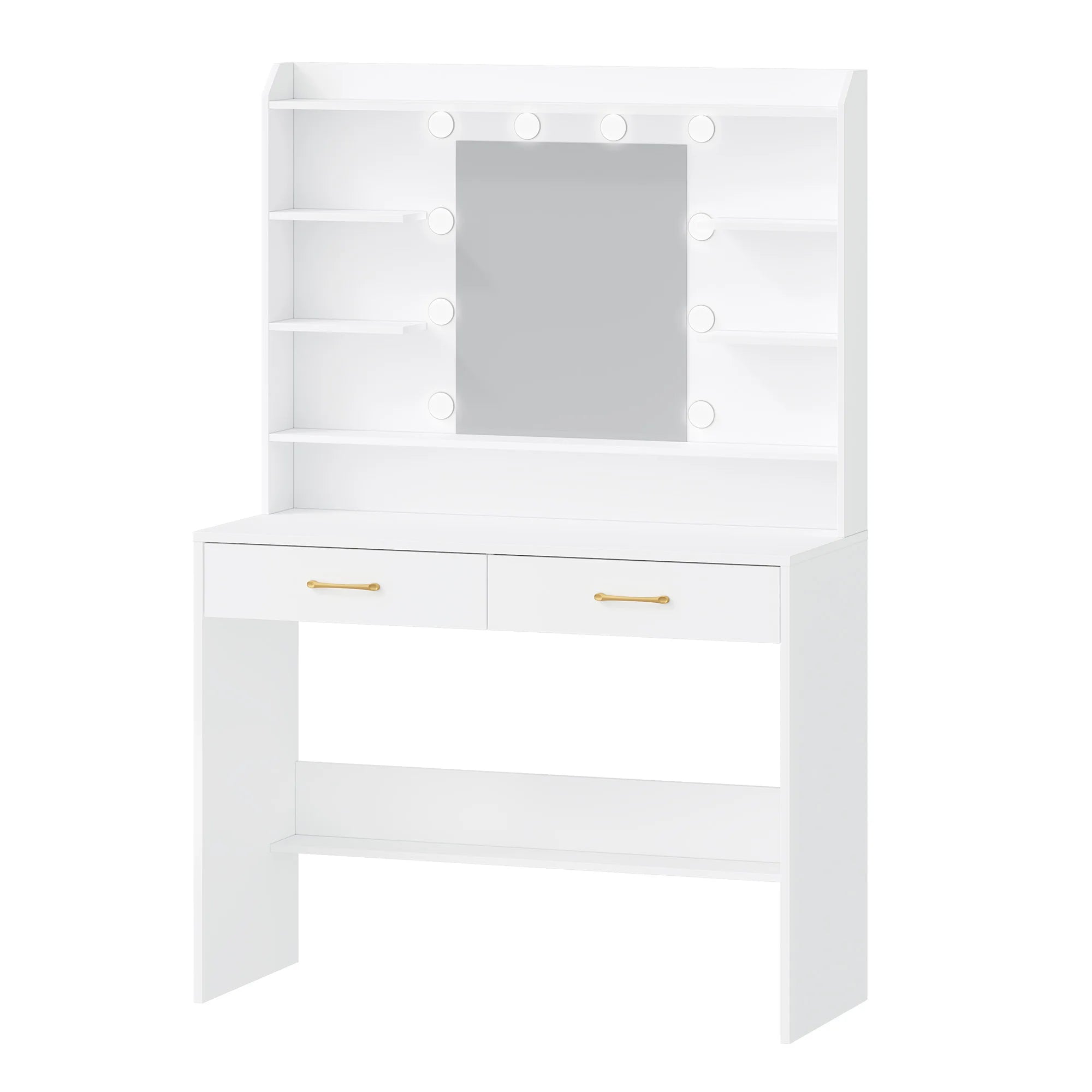 Moderne Witte Kaptafel met Spiegel, Planken en 2 Lades – Kaptafel voor Slaapkamer met Instelbare Verlichting