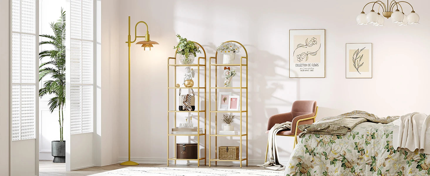 Smalle Boekenkast met Glazen Planken en Goud Stalen Frame – Moderne Open Kast 5 Niveaus voor Woonkamer, Slaapkamer en Badkamer
