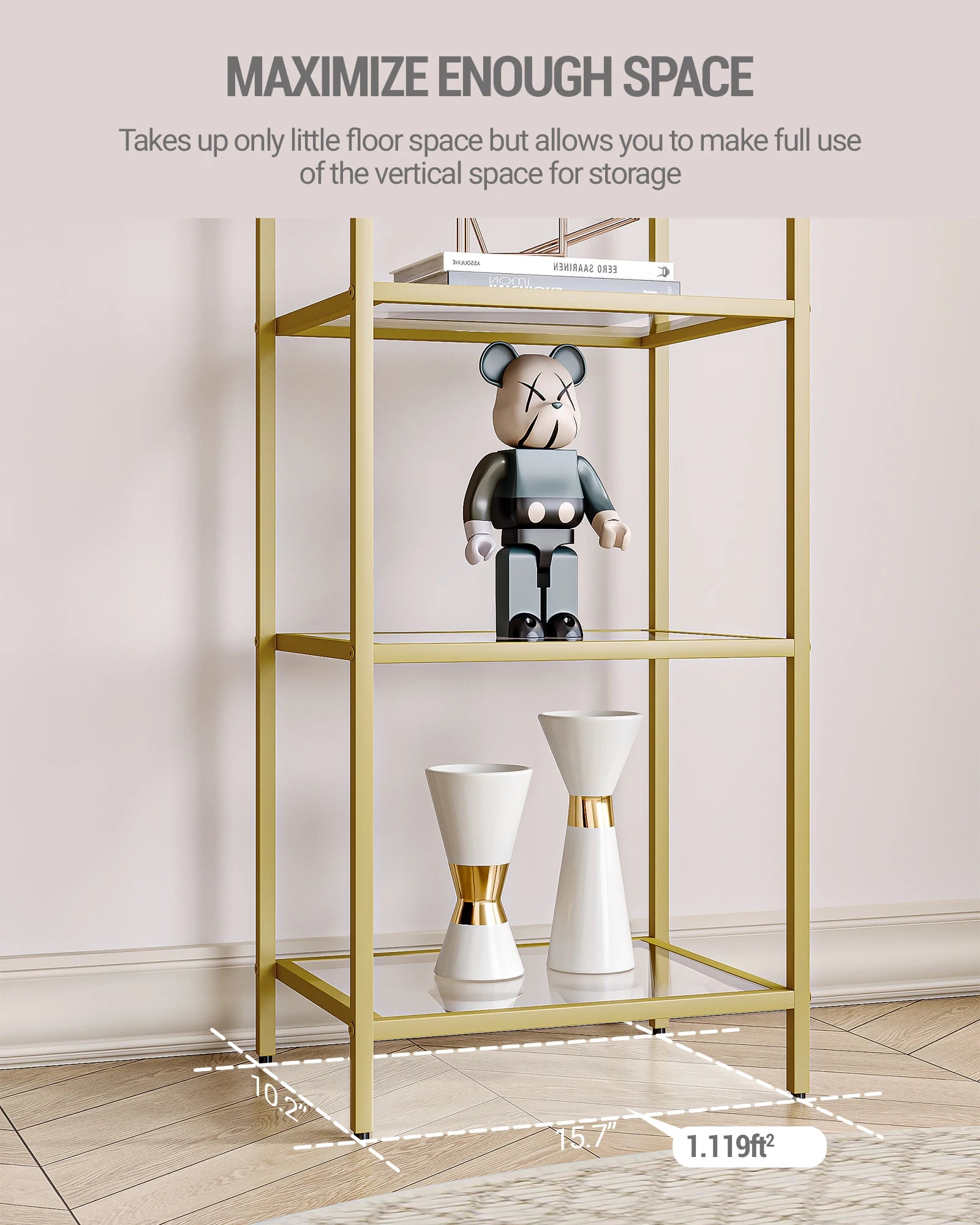 Smalle Boekenkast met Gehard Glas en Gouden Frame – 6-Laags Ladder Kast voor Woonkamer, Slaapkamer & Badkamer