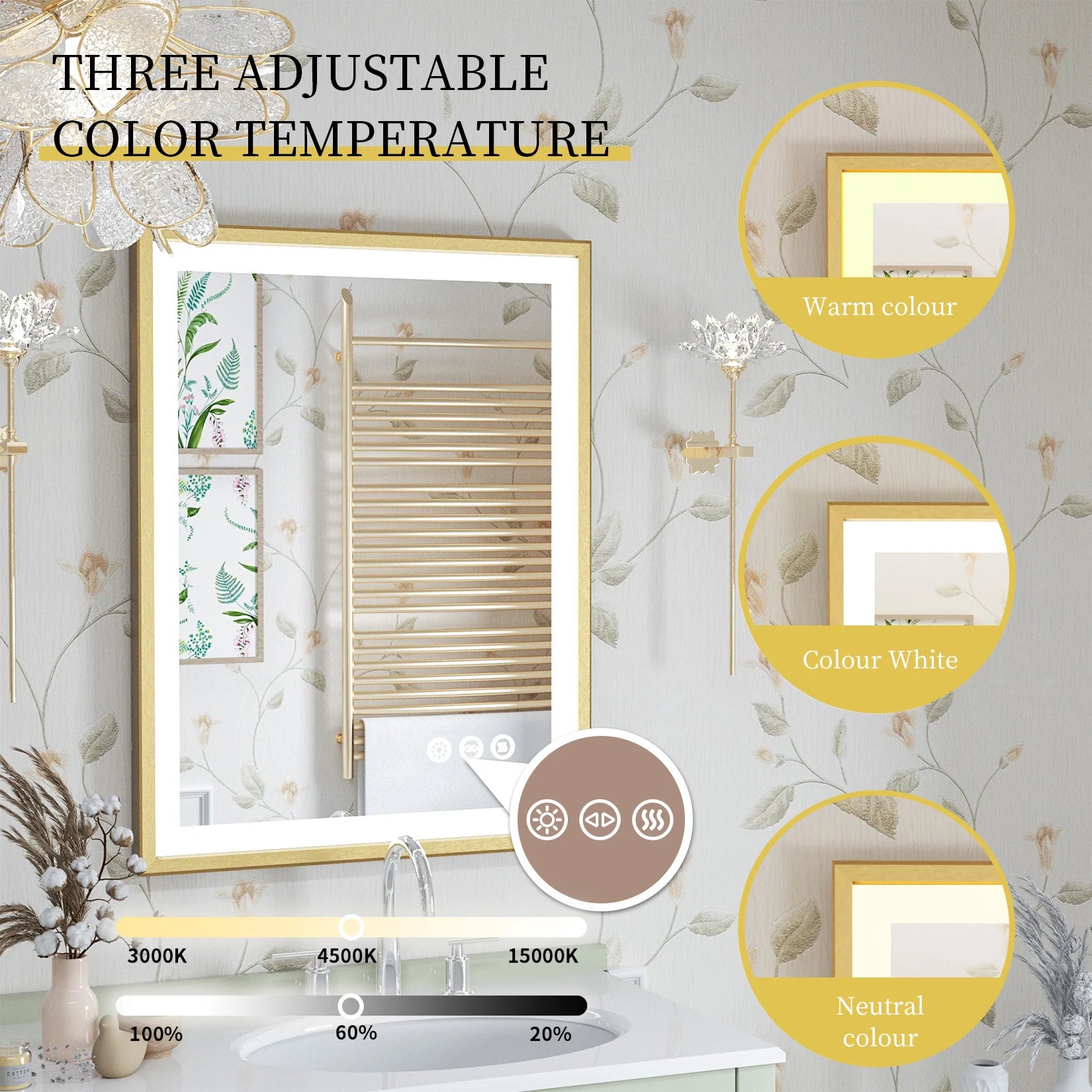 LED Badkamerspiegel Goud Frame – Dimbaar met 3 Lichtkleuren & Anti-Condens