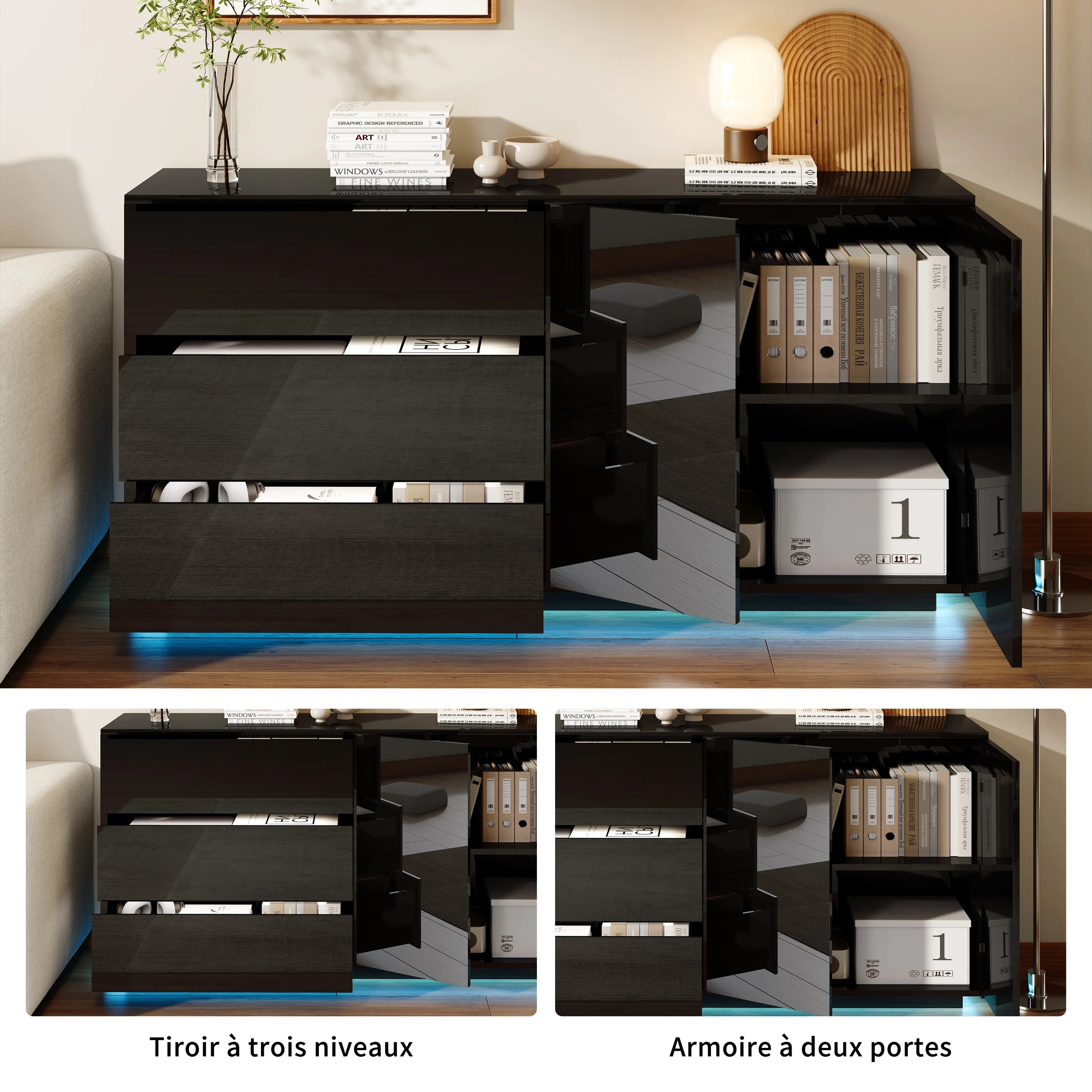 Hoogglans Buffetkast met LED Verlichting – Modern Dressoir met Opbergruimte