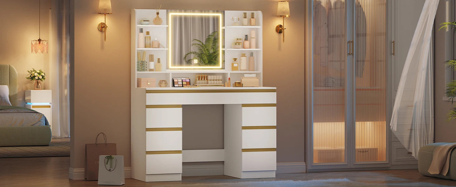 Kaptafel met LED Verlichting en Spiegel – 9 Laden & 9 Opbergvakken – Moderne Make-up Tafel met Verstelbare Verlichting – Wit Goud