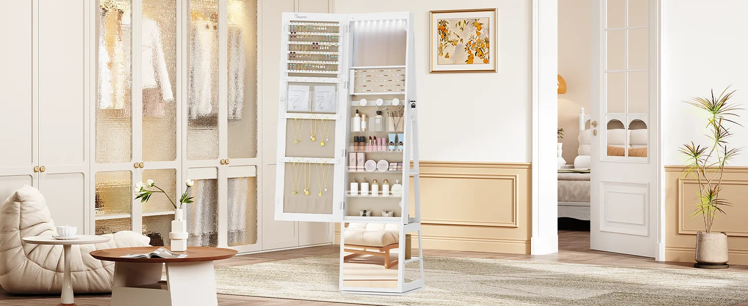 Sieradenkast met Spiegel 360° Draaibaar – Staande Sieraden Organizer met LED Verlichting & Opbergruimte