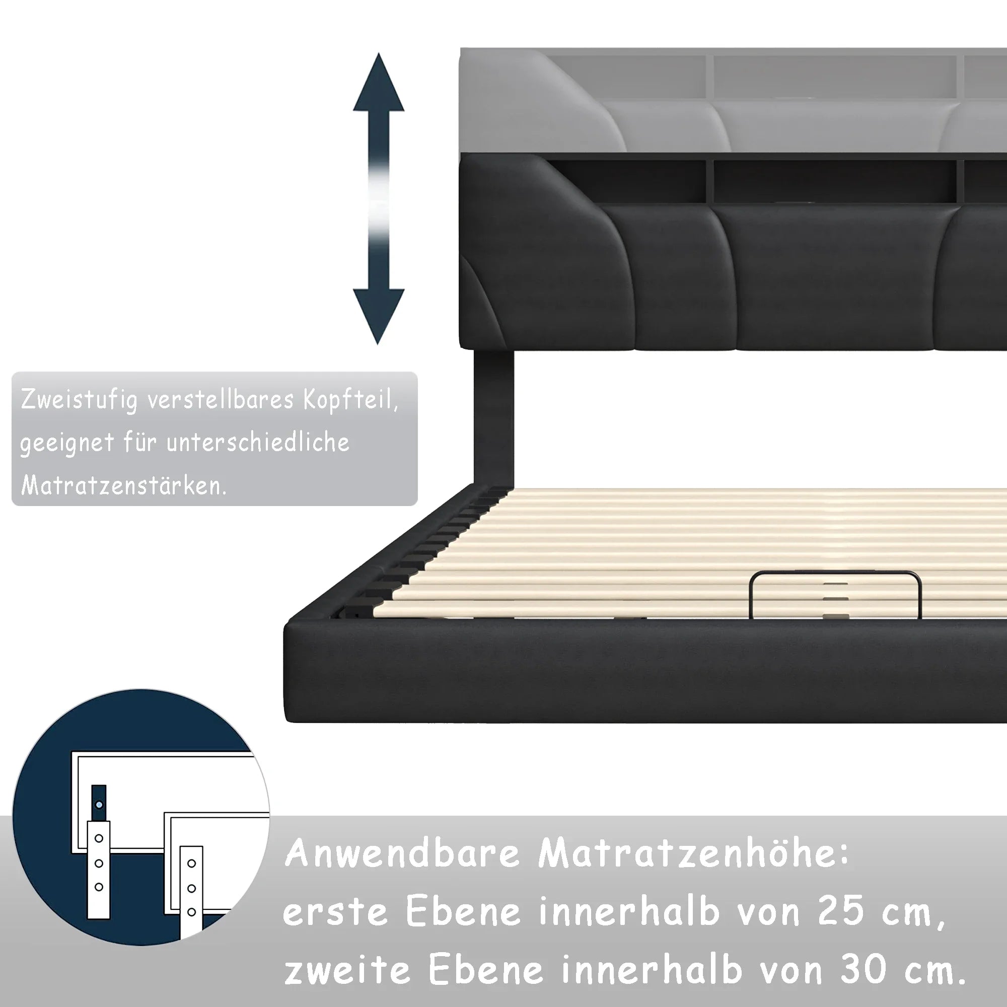 Tweepersoonsbed 140x200 met LED‑verlichting, USB‑poorten en royale opbergruimte