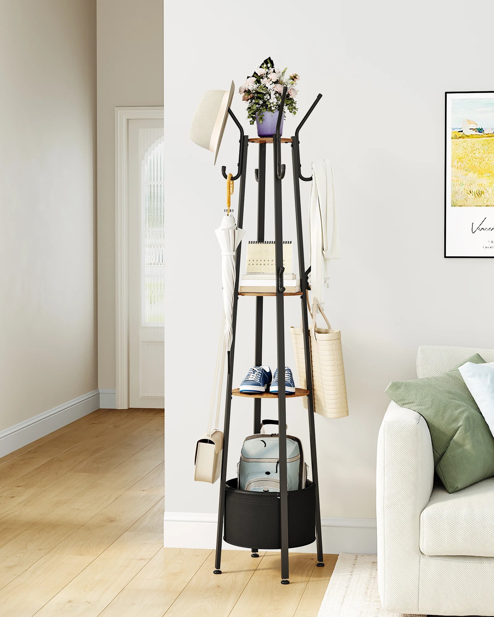 Kapstok met Opbergruimte en Mand – Staande Kapstok met 3 Planken en 16 Haken – Industrieel Design voor Hal en Slaapkamer