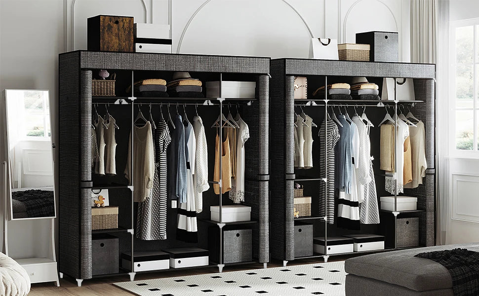 Opvouwbare Kledingkast met Stof – 162x43x175 cm – Draagbare Garderobekast met 3 Hangroedes en 9 Opbergvakken – Zwarte Stoffen Kast voor Slaapkamer