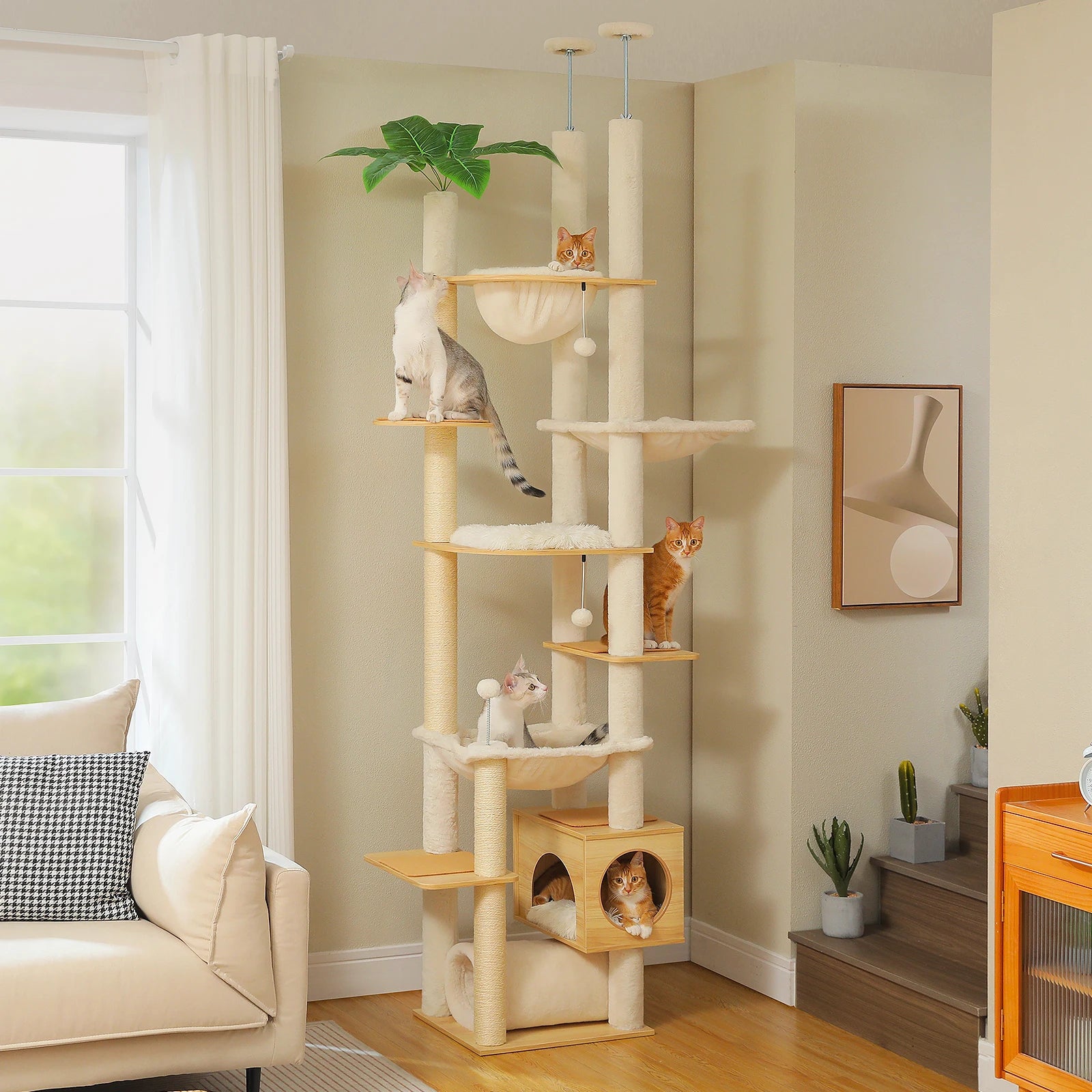 Verstelbare Houten Krabpaal tot Plafond met Hangmat en Kattenhuis – Grote Kattenboom met Sisal Krabpalen en 7 Niveaus – Luxe Katten Klimtoren voor Binnen