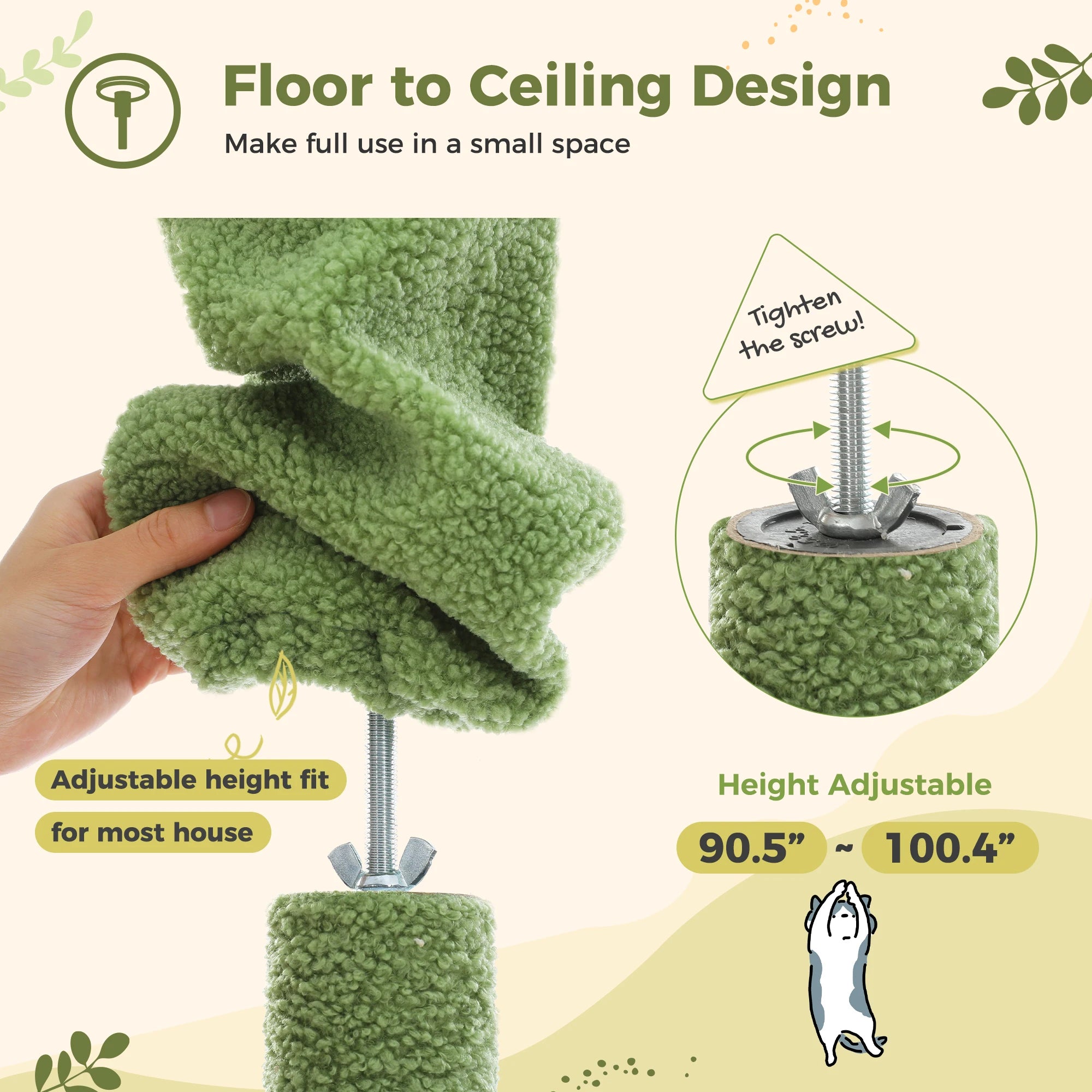Verstelbare Houten Krabpaal tot Plafond met Hangmat en Kattenhuis – Grote Kattenboom met Sisal Krabpalen en 7 Niveaus – Luxe Katten Klimtoren voor Binnen