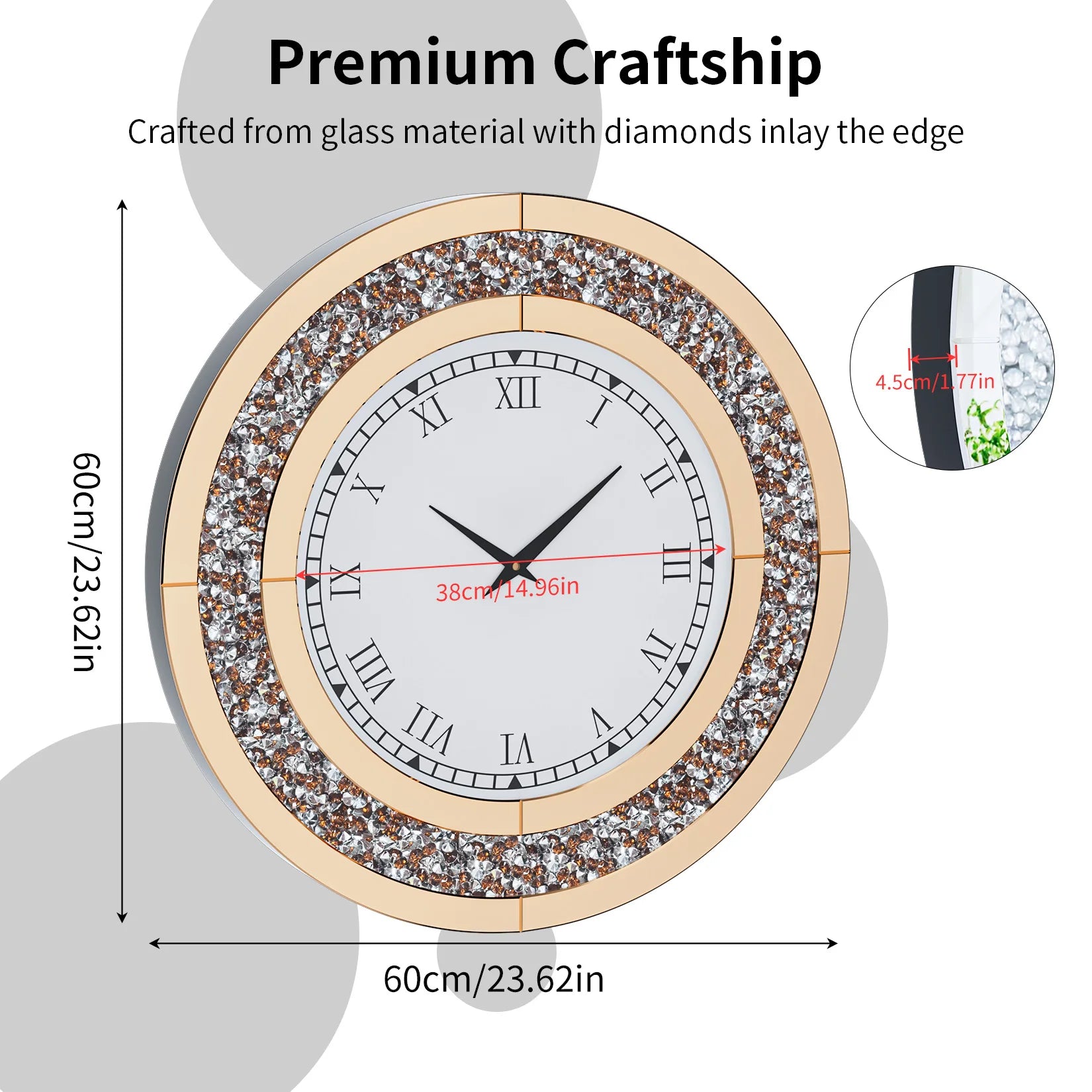 Ronde Zilveren Spiegelklok 60 cm – Luxe Wandklok met Romeinse Cijfers & Crushed Diamant Design