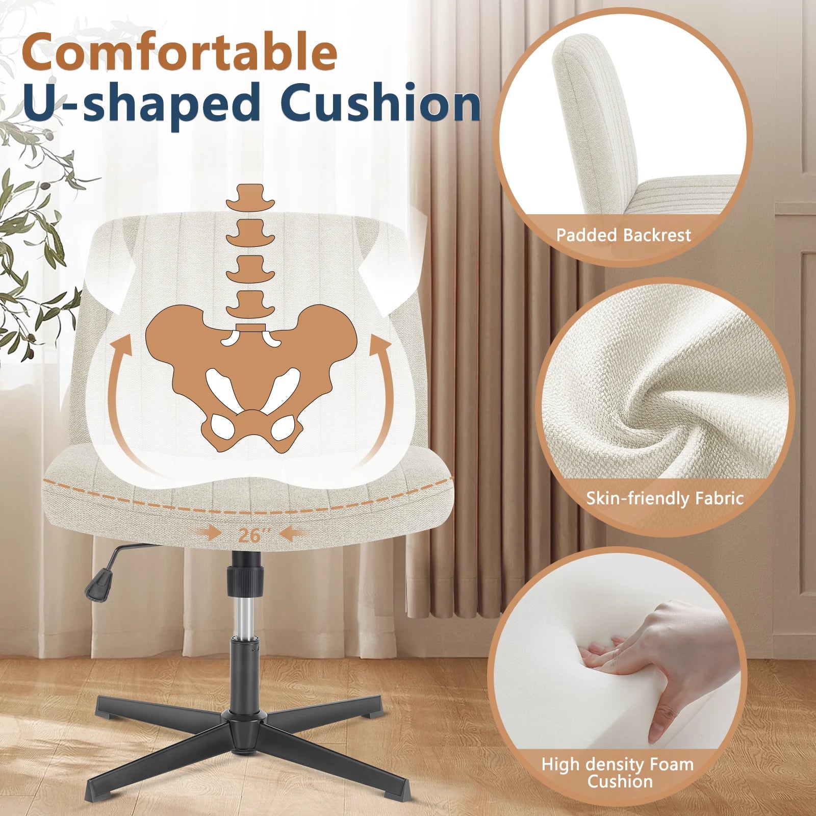 Brede verstelbare armloze draaistoel voor kantoor, woonkamer, gaming & bureau – comfortabele stof – 360° swivel