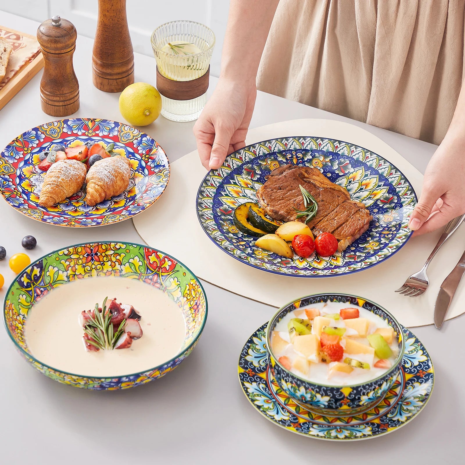 Boheemse Servies Set 24-delig – Porselein Servies voor 6 Personen – Kleurrijk Keramiek Servies met Borden en Kommen