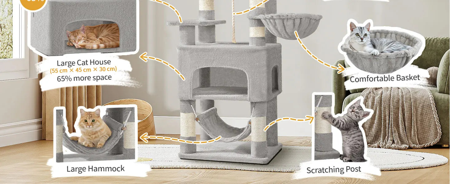 XL Kattenboom 176 cm – Krabpaal met 3 Plateaus, 2 Huisjes & Hangmat – Stevige Kattenkrabpaal voor Meerdere Katten