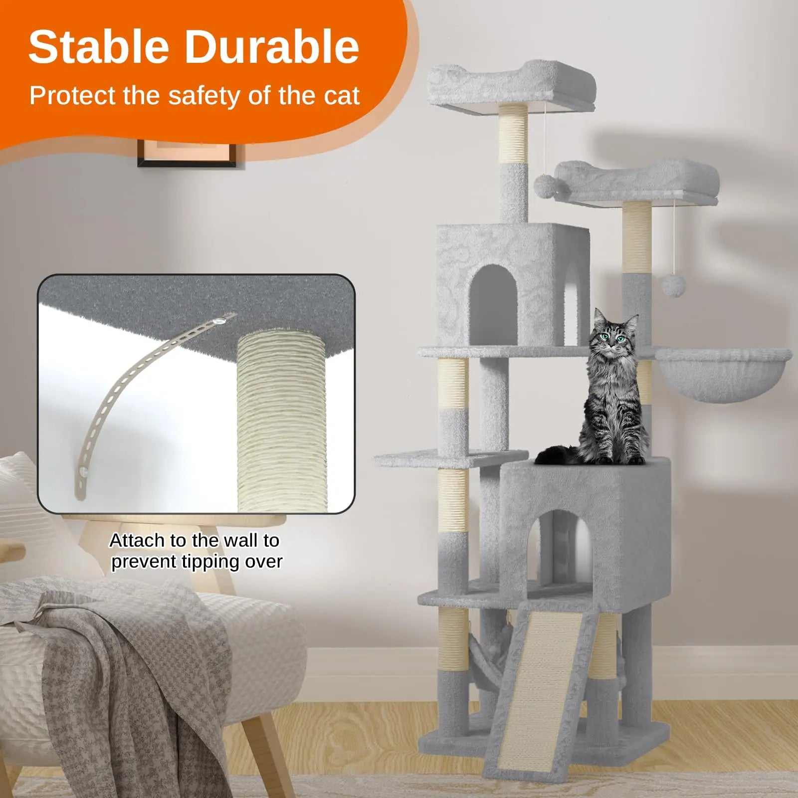 Katten Krabpaal 158 cm – Grote Kattenboom met 2 Huisjes, 2 Hangmatten & 7 Sisal Krabpalen – Luxe Klimtoren voor Binnenkatten