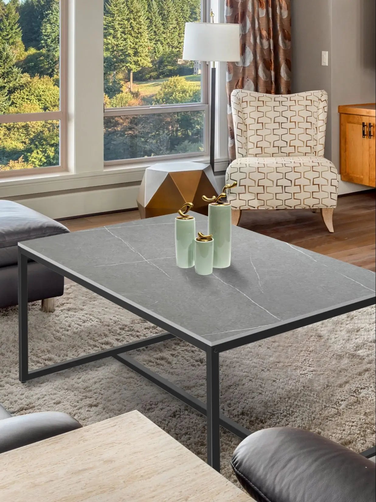 Moderne Salontafel Marmer Look met Metalen Frame – Luxe Rechthoekige Koffietafel met Opbergruimte – Industrieel & Modern Design