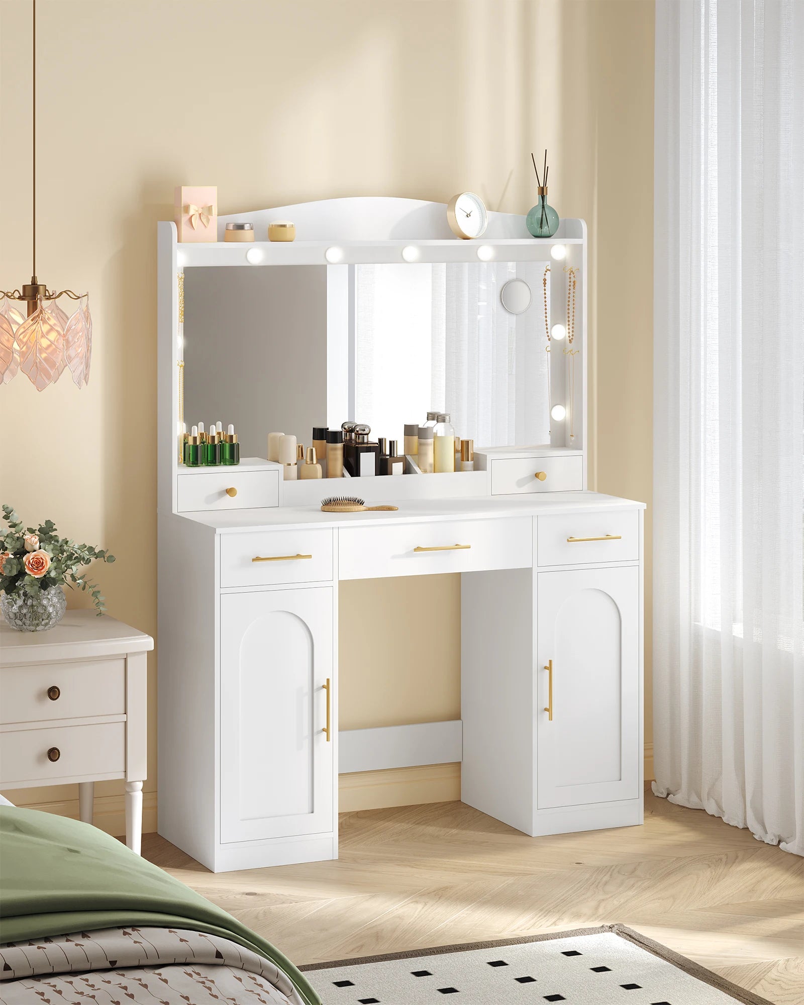 Moderne Kaptafel met LED‑Spiegel, 3 Kleuren LED‑Licht, 5 Laden en Opbergkast – Wit