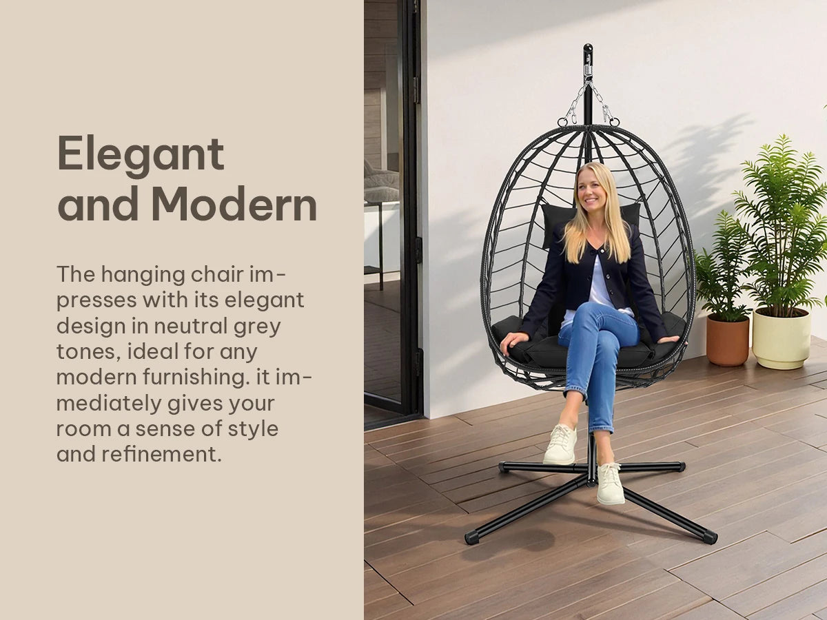 Egg Chair Hangstoel met Standaard – Schommelstoel voor Tuin, Balkon & Woonkamer – Inclusief Kussen en Hoofdsteun – Belastbaar tot 150 kg