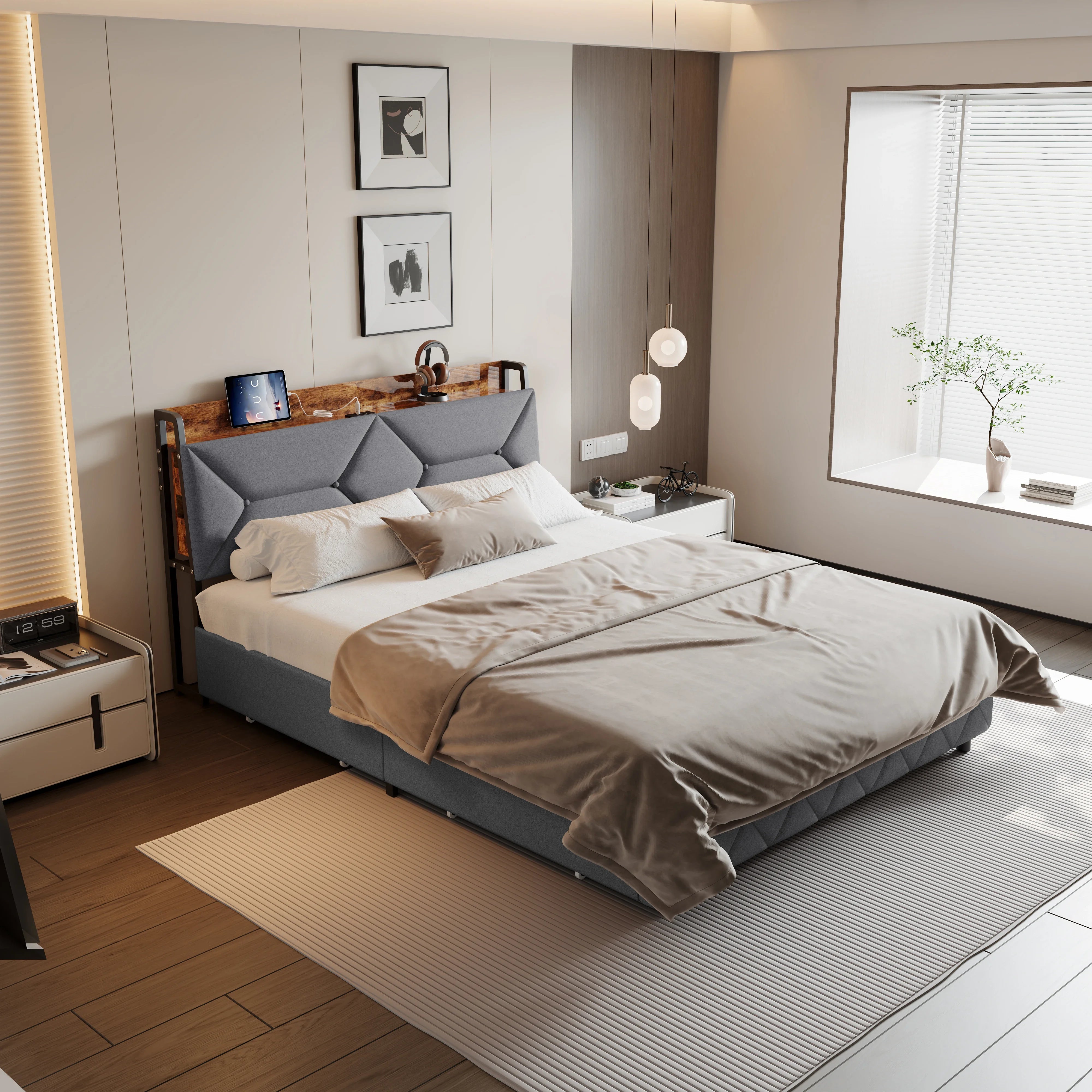 Gestoffeerd tweepersoonsbed met LED‑verlichting, USB‑oplaadfunctie en 4 lades – ideaal voor moderne slaapkamers