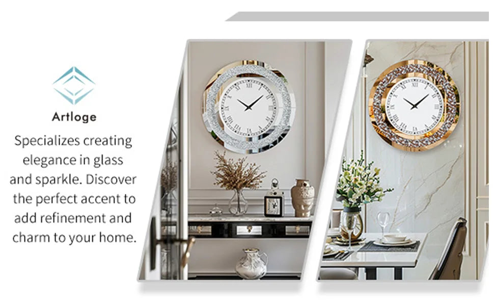 Ronde Zilveren Spiegelklok 60 cm – Luxe Wandklok met Romeinse Cijfers & Crushed Diamant Design