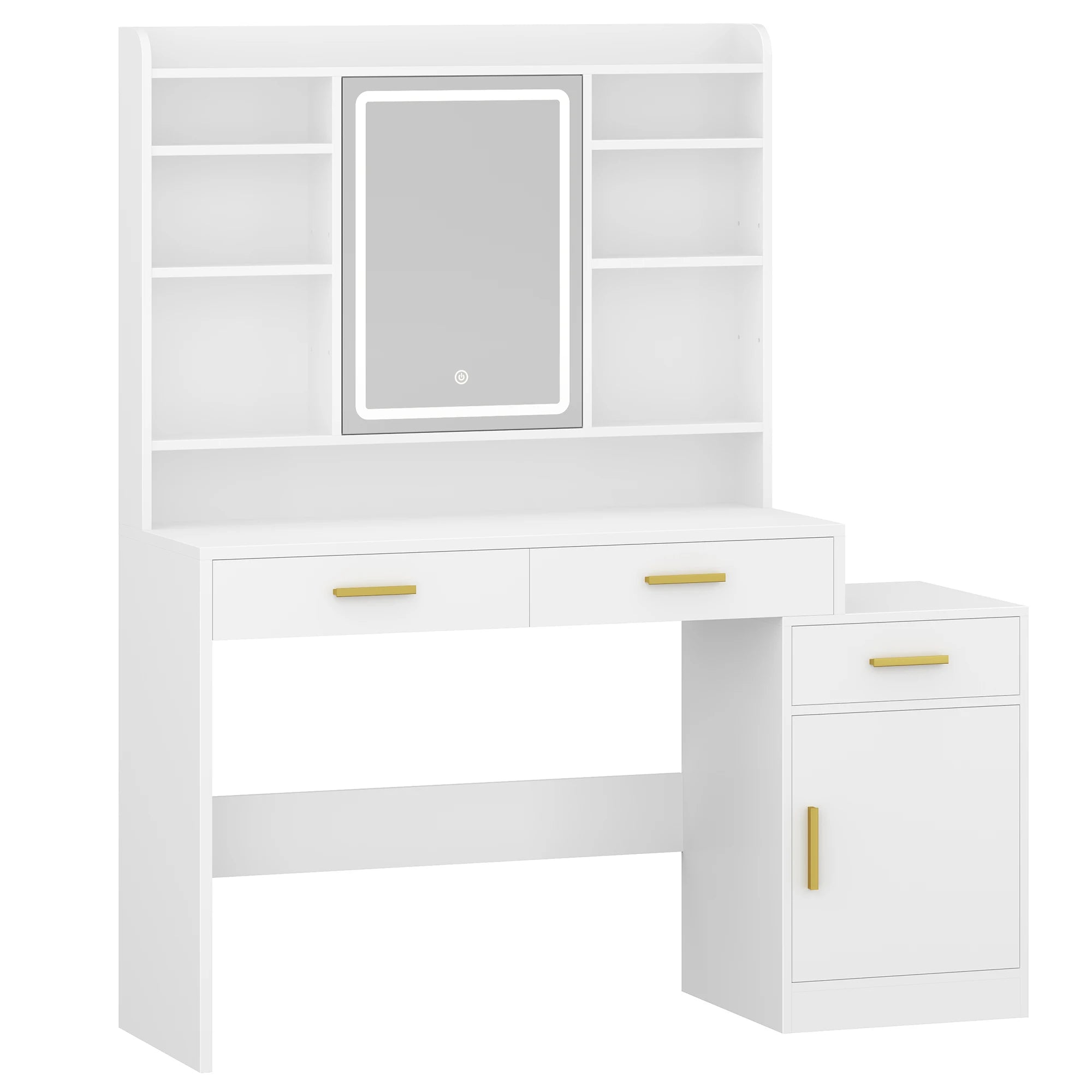 Kaptafel met LED Spiegel en Opbergruimte – Moderne Make-up Tafel met 3 Laden, Kast en Schappen – Witte Dressing Table voor Slaapkamer