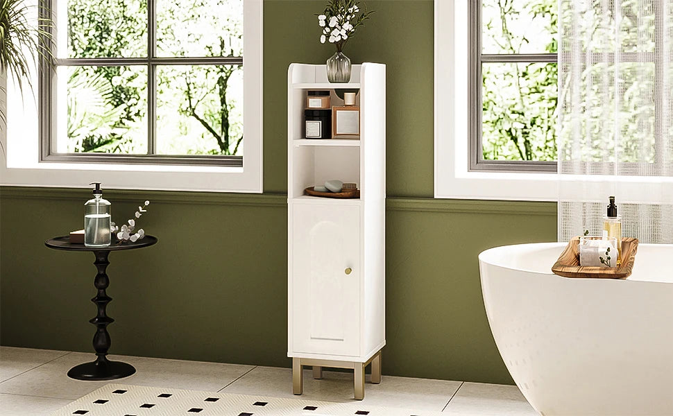 Smalle Badkamerkast met Deur en Planken – Ruimtebesparende Toiletkast – Hoekkast Badkamer Wit