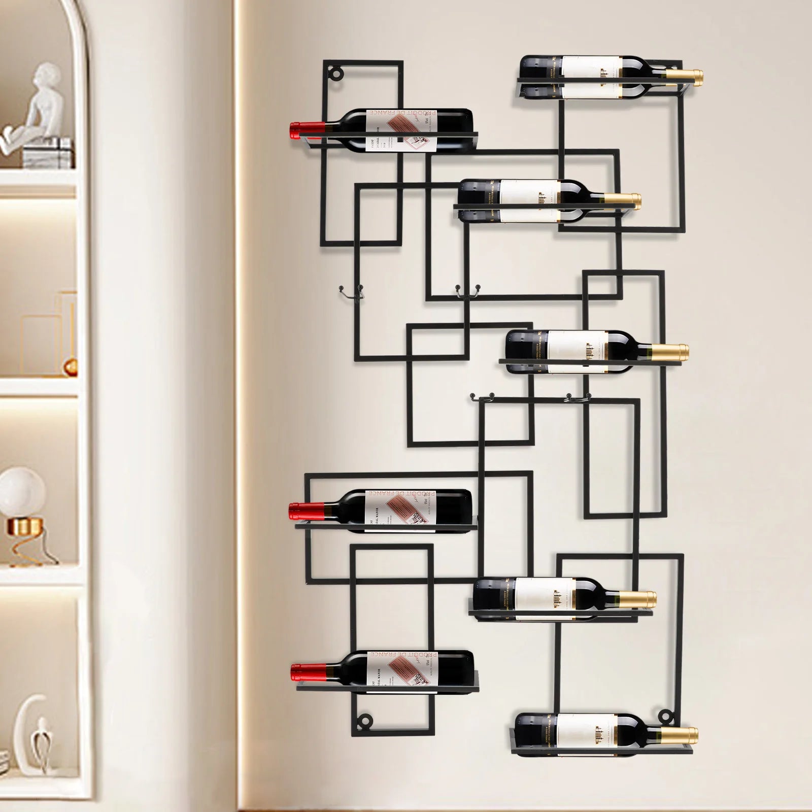 Wand Wijnrek Metaal Zwart – Modern Geometrisch Design – Wijnrek voor 10 Flessen – Industrieel & Luxe Wanddecoratie