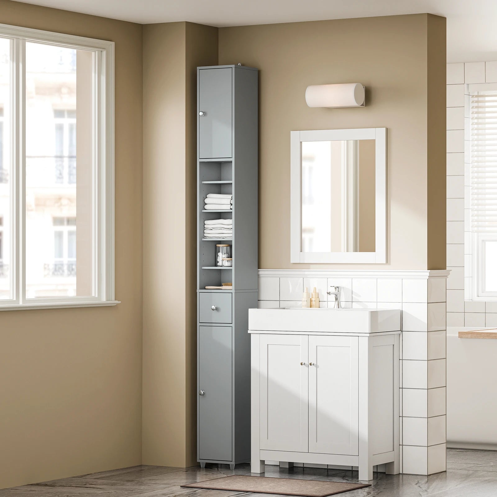 Hoge, Smalle Badkamerkast 20×180×20 cm – Vochtbestendige Opbergkast met Lade en Verstelbare Planken