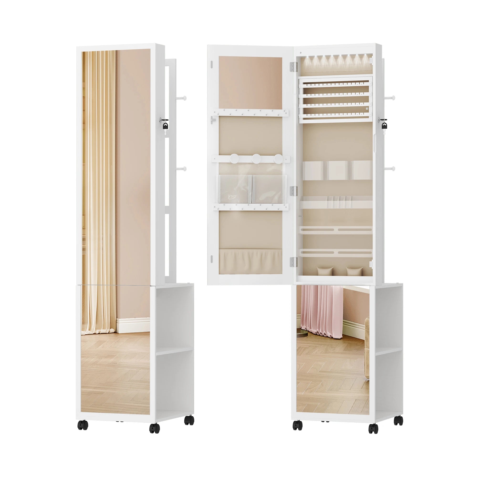 Sieradenkast met Spiegel en LED Verlichting – Staande Sieraden Organizer met Kledingrek, Opbergrek en Wielen