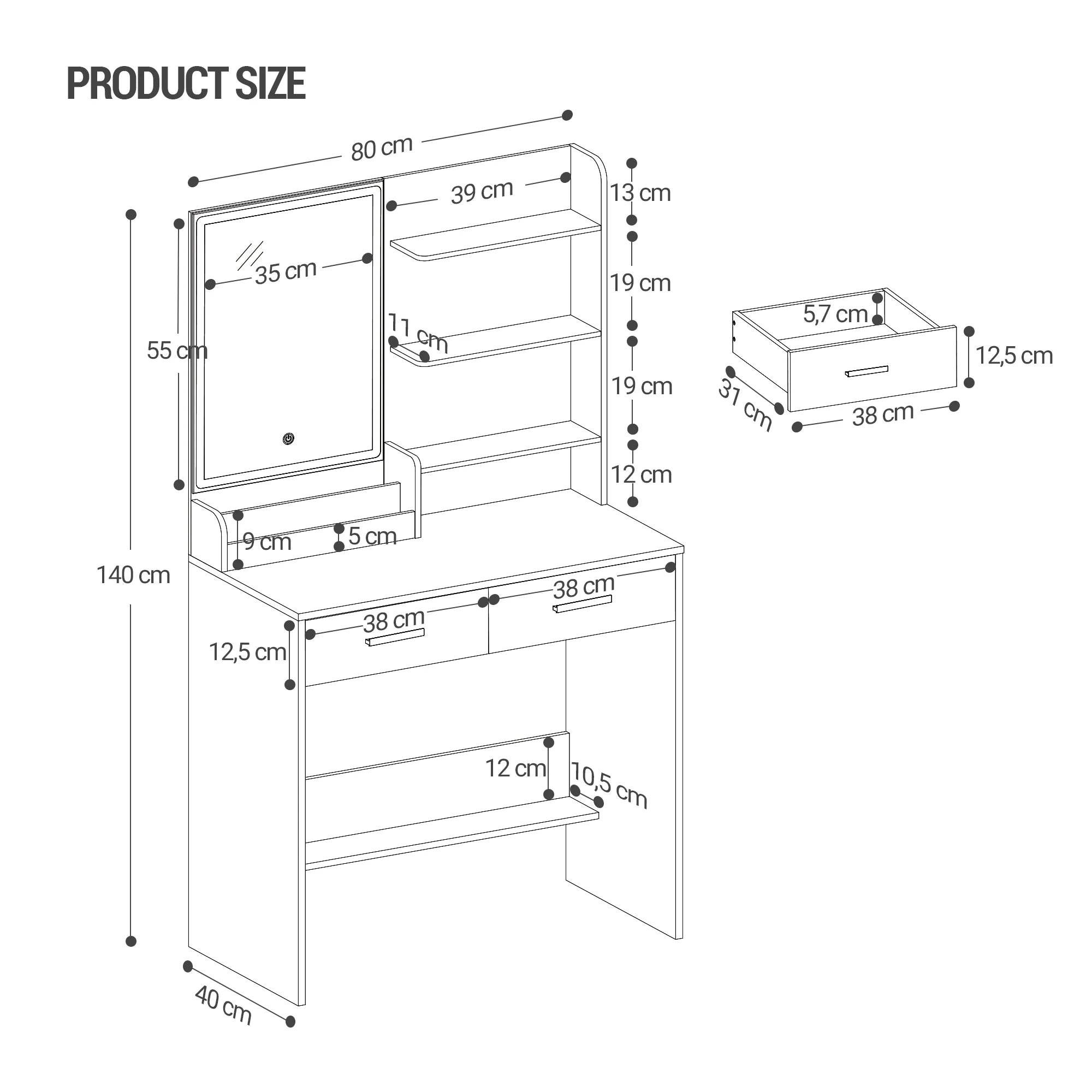 Kaptafel met LED Verlichting en Spiegel – Stopcontact & USB – 2 Lades en Opbergruimte – Moderne Witte Make-up Tafel