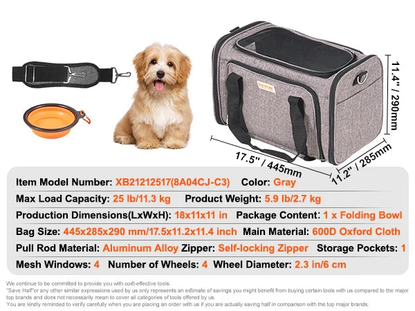 Opvouwbare Reismand voor Kat & Hond met Wieltjes – Comfortabele Trolley Draagtas tot 15,8 kg