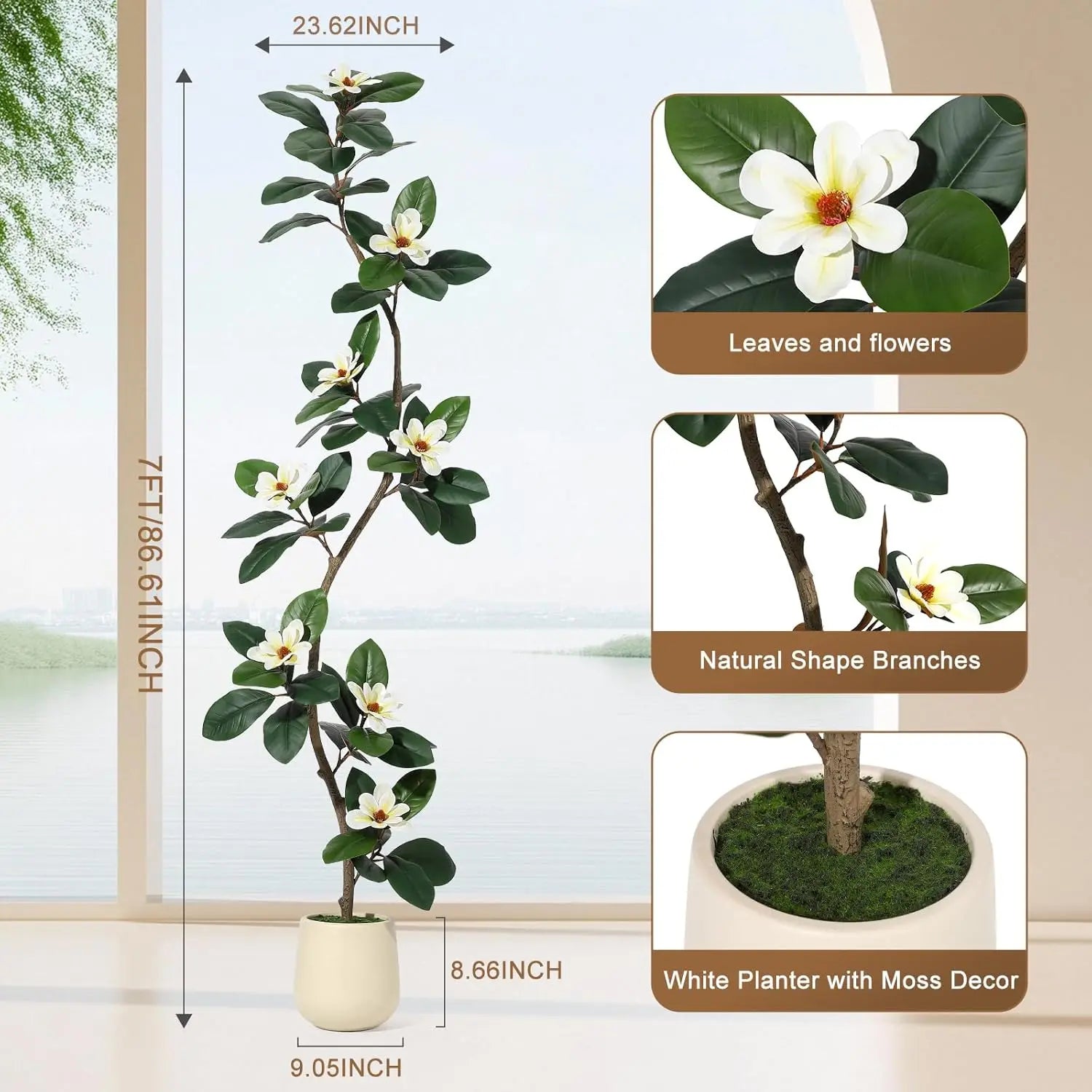 Kunstmatige Rubberboom met Magnoliabloemen – S-vormige Nepplant in Witte Pot voor Binnen, Realistische Kunstplant Groot Formaat