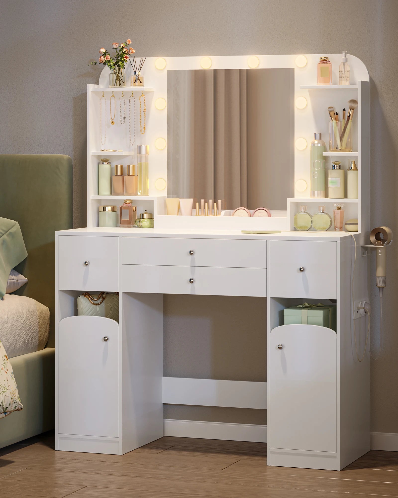 Kaptafel met LED Verlichting en Spiegel – Moderne Make-up Tafel met Stopcontact, USB, Lade & Sieraden Opbergruimte – Wit
