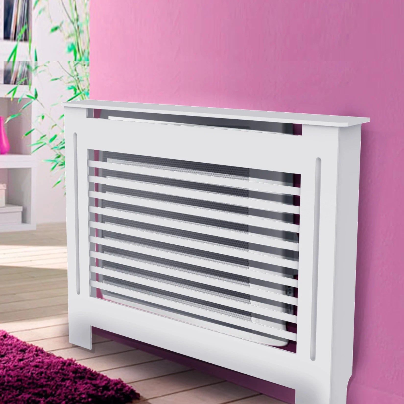 Moderne Radiator Cover Hoog – MDF Radiator Ombouw met Verticale Lamellen | Witte Radiator Kast met Plank