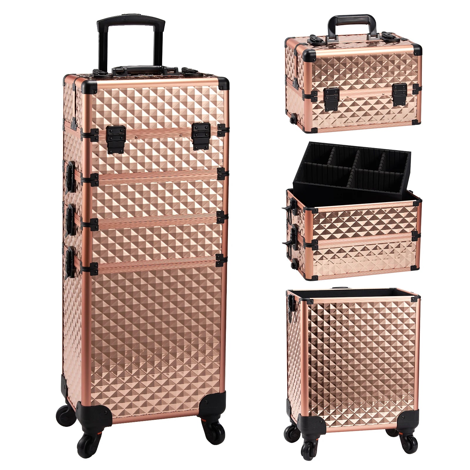 Professionele Make-up Trolley Koffer 4-in-1 – Aluminium Opbergkoffer met Wieltjes en Afneembare Compartimenten – Voor Cosmetica, Nageltools en Reis