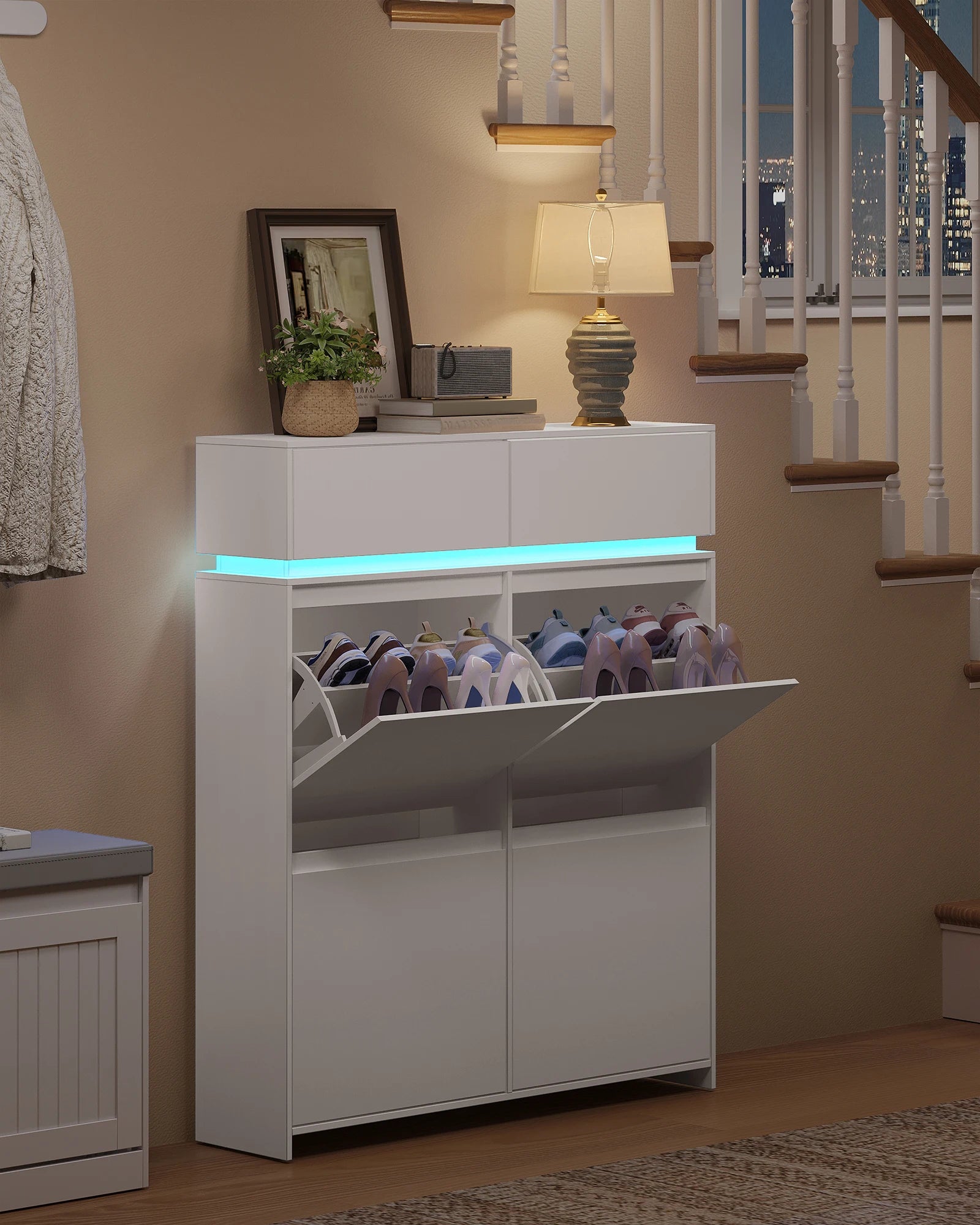 Schoenenkast Smal met LED Verlichting – Schoenenrek met 4 Kleppen & Lades – Ruimte voor 20 Paar – Modern Wit Halmeubel