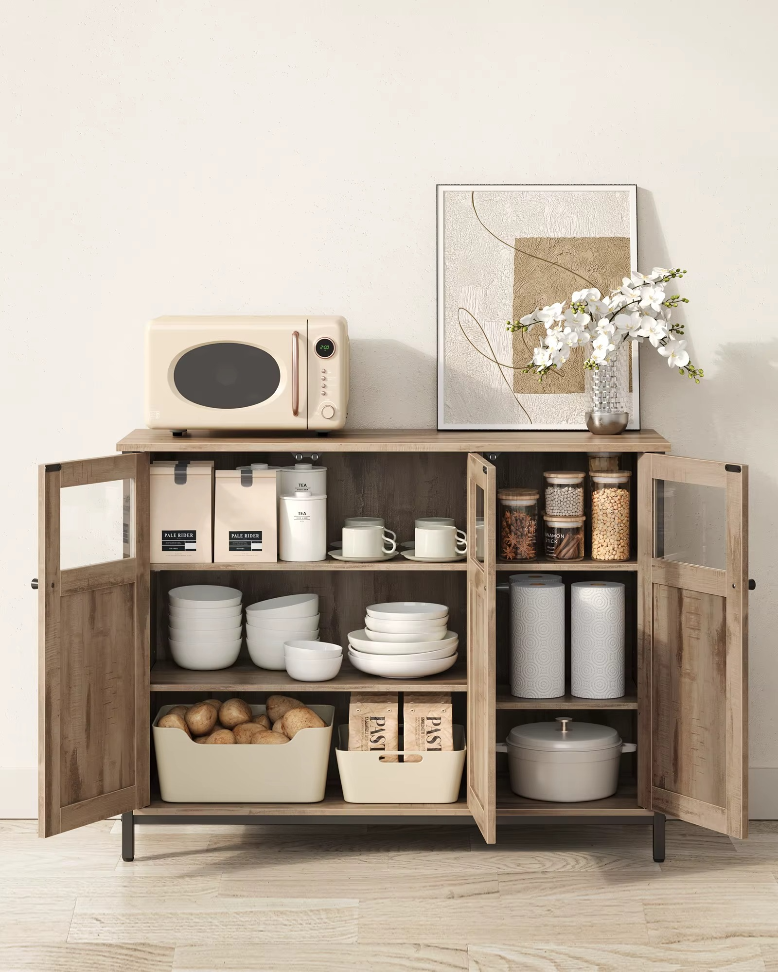 Industriële Dressoir met Glazen Deuren – Stalen Frame Opbergkast