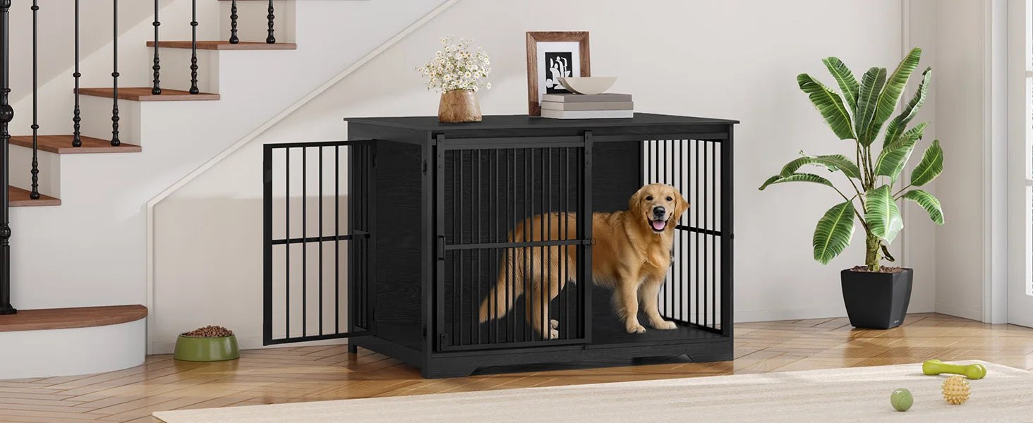 Houten Hondenbench Meubel XL met Schuifdeur – Design Hondenkooi voor Grote Honden – Industrieel Bijzettafel & Bench in Één