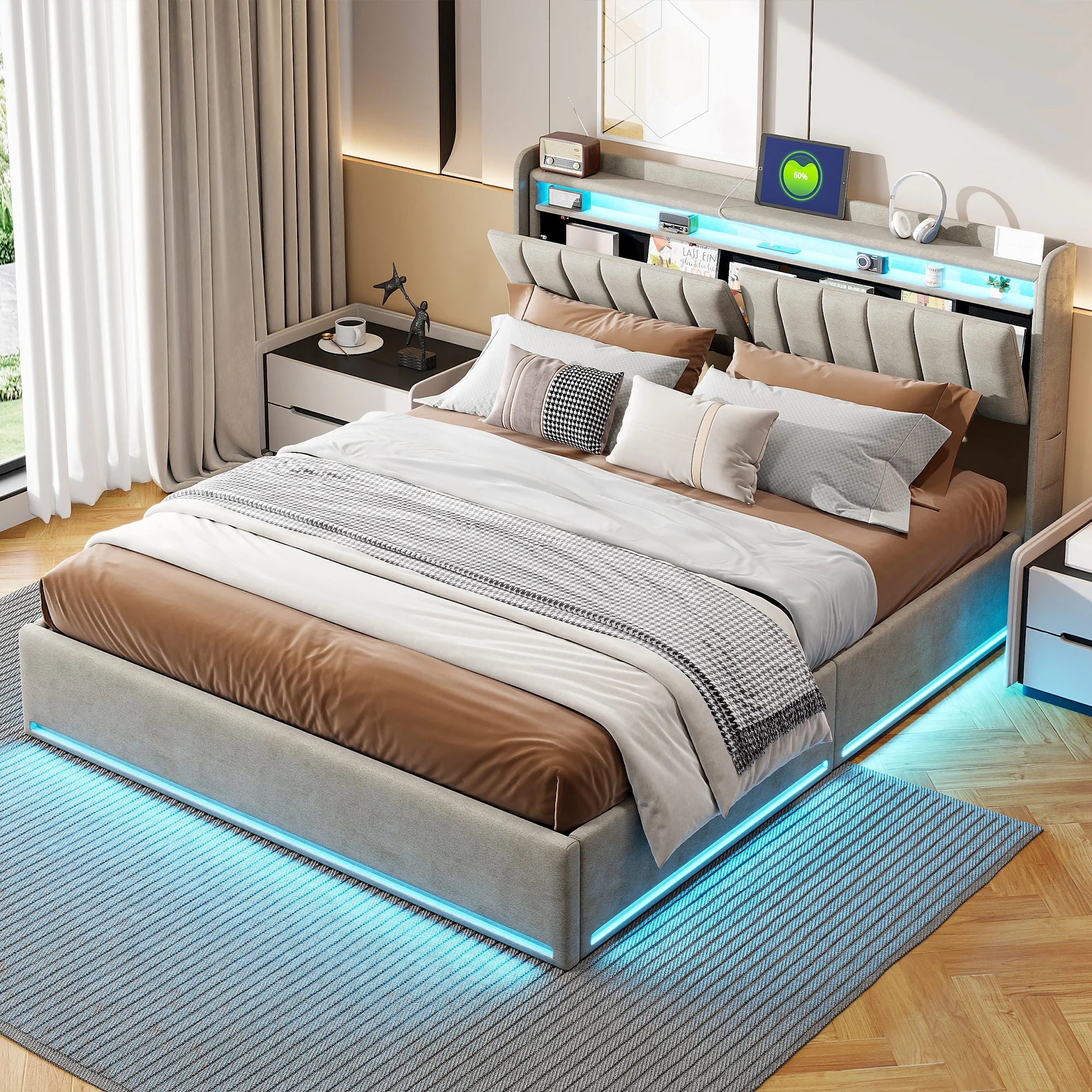 Tweepersoonsbed met geïntegreerde LED‑verlichting, USB‑oplaadfuncties en opbergruimte – Modern en functioneel bedframe