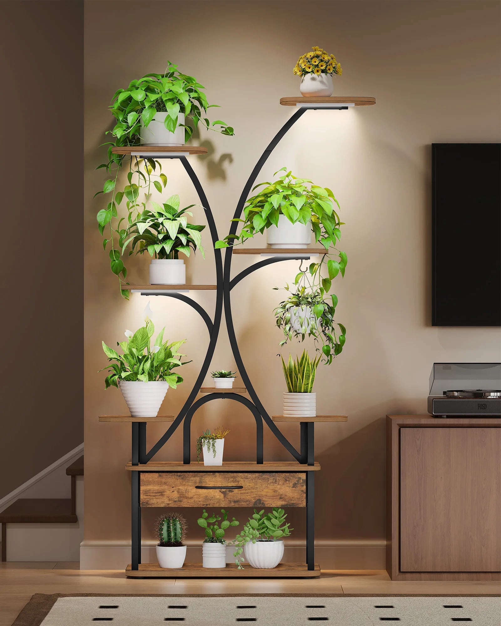 9-Laags Plantenrek met Groeilamp – Verticale Plantenstandaard met LED Verlichting en Timer – Industrieel Bloemenrek voor Binnen & Balkon